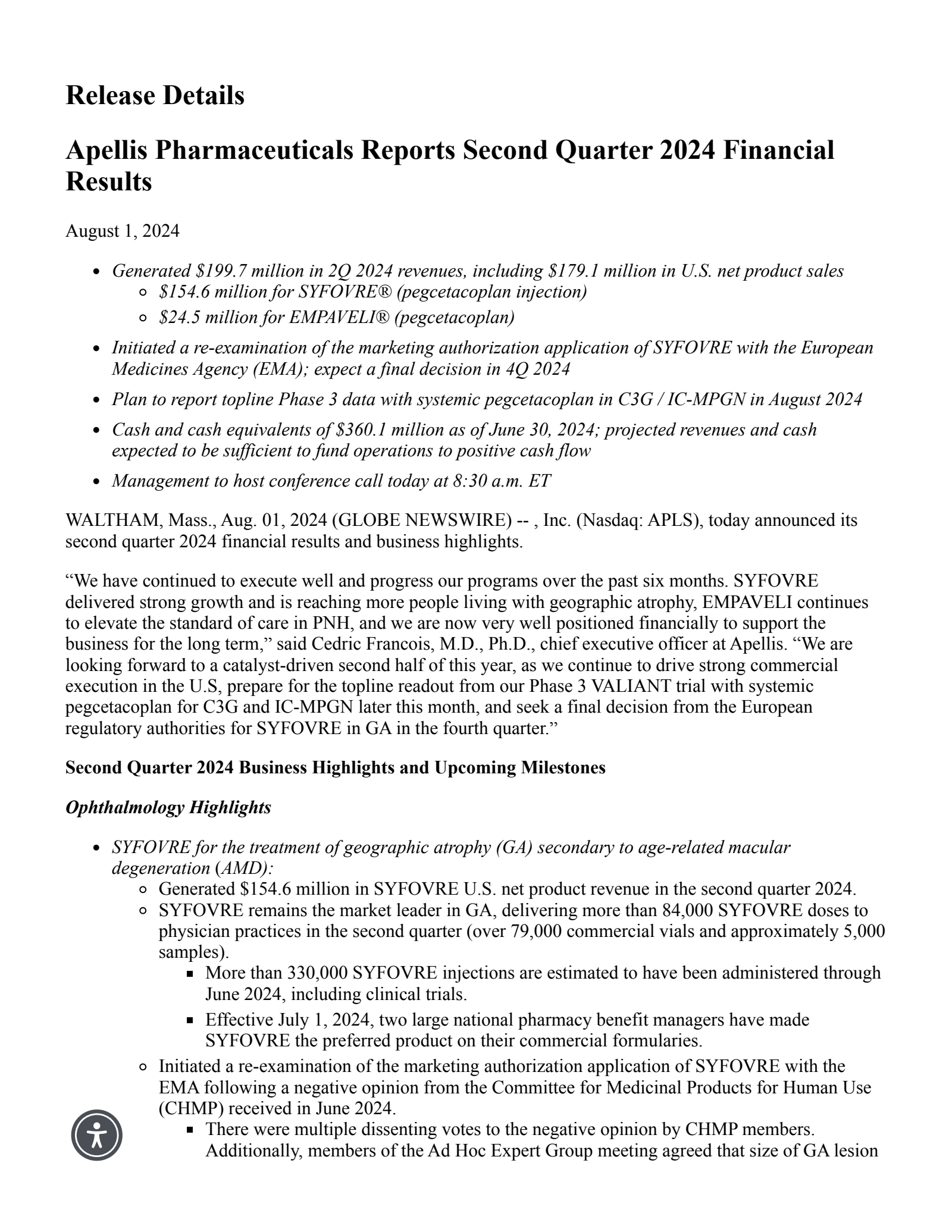 Apellis Pharmaceuticals' Q2 2024 Press Release