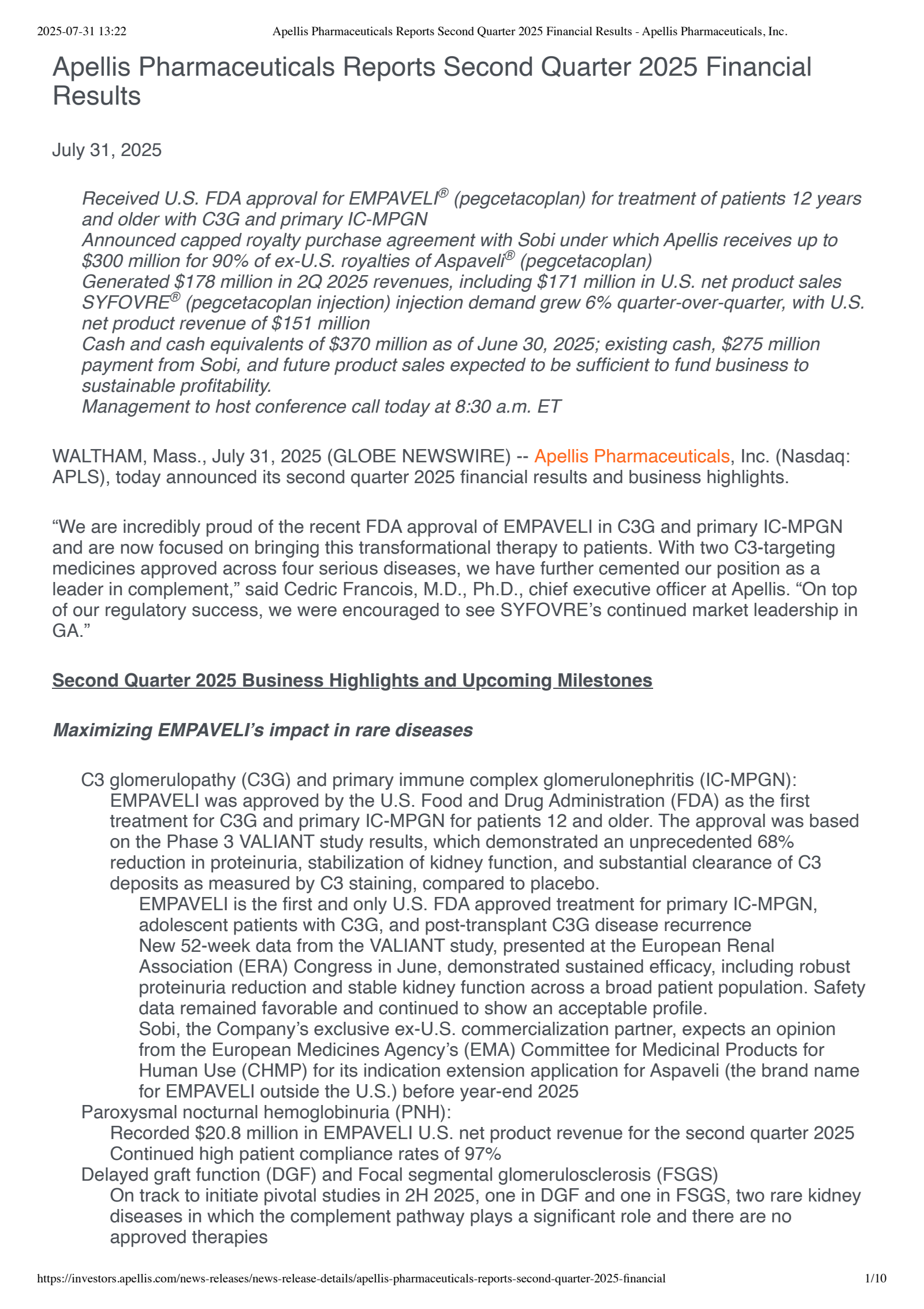 Apellis Pharmaceuticals' Q2 2025 Press Release