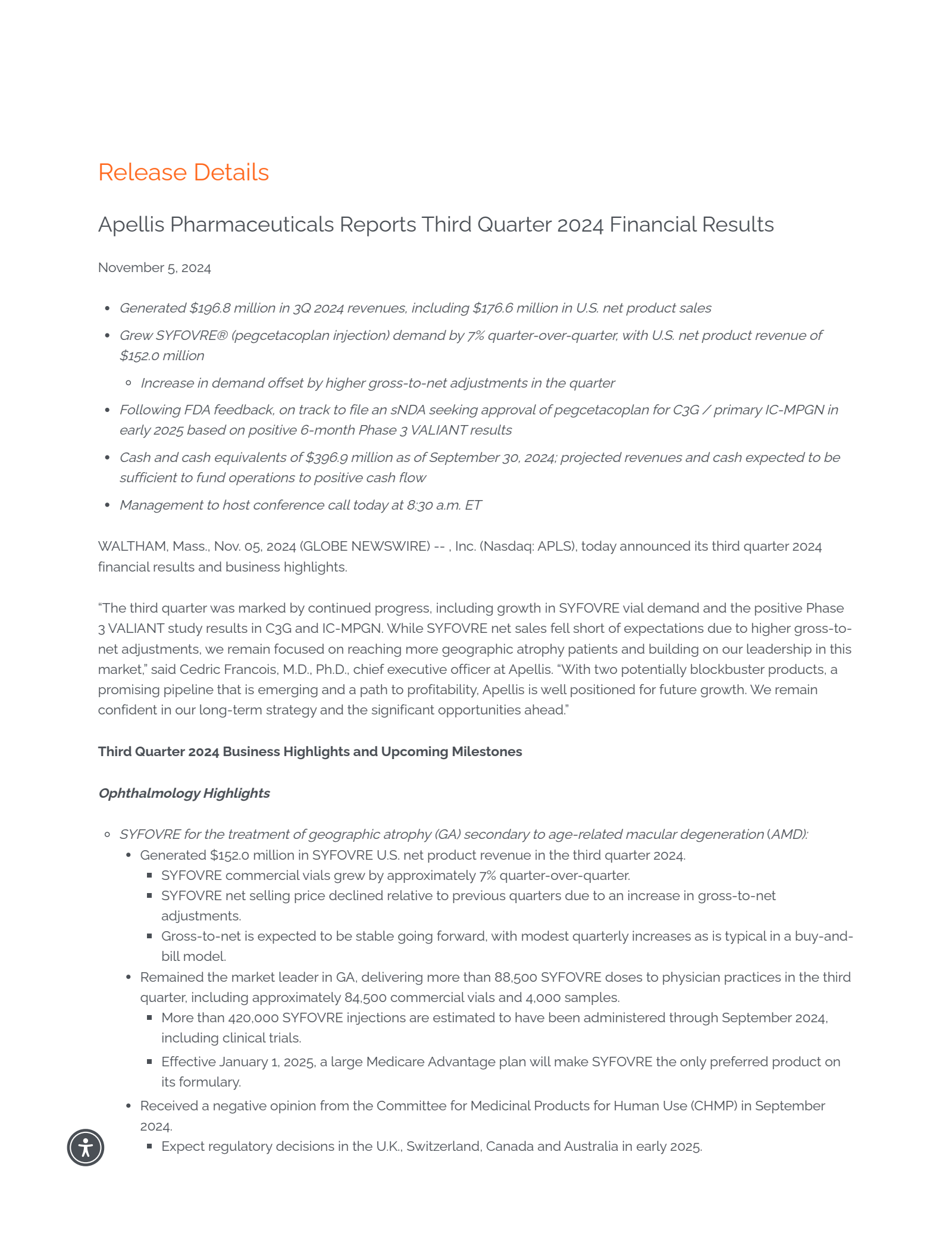Apellis Pharmaceuticals' Q3 2024 Press Release