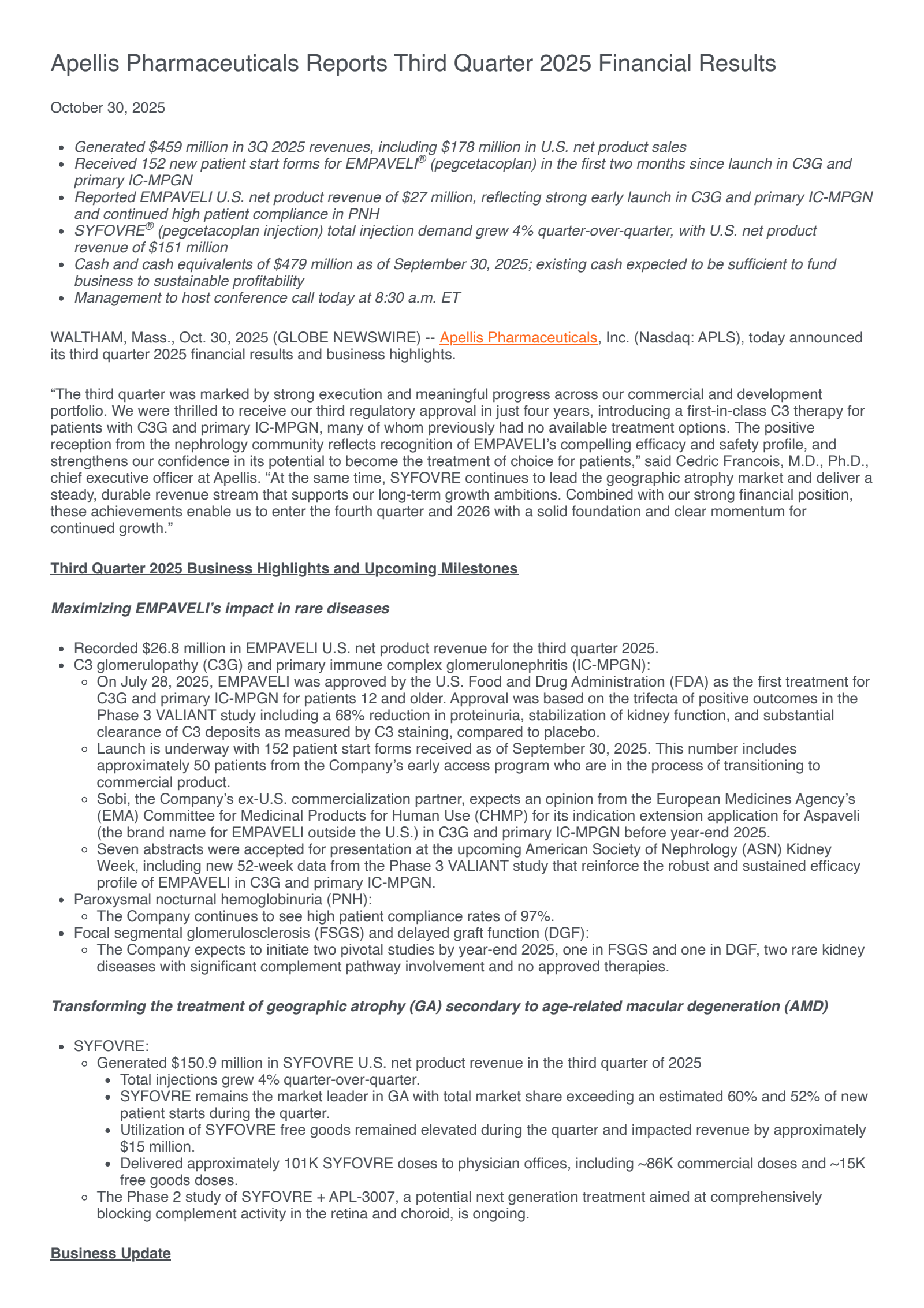 Apellis Pharmaceuticals' Q3 2025 Earnings Release