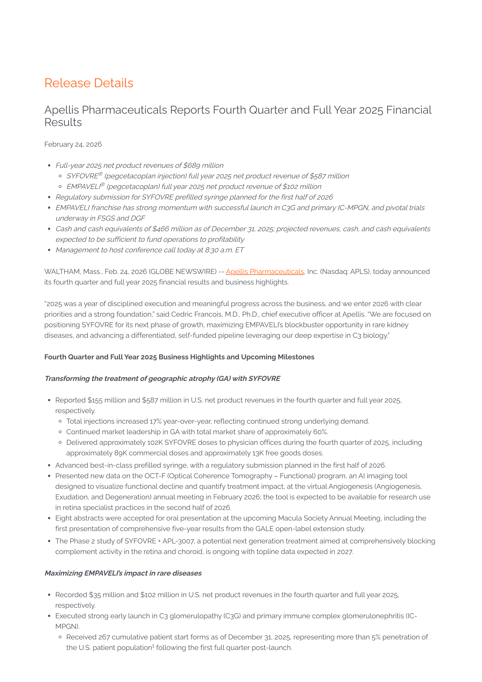 Apellis Pharmaceuticals' Q4 2025 Press Release