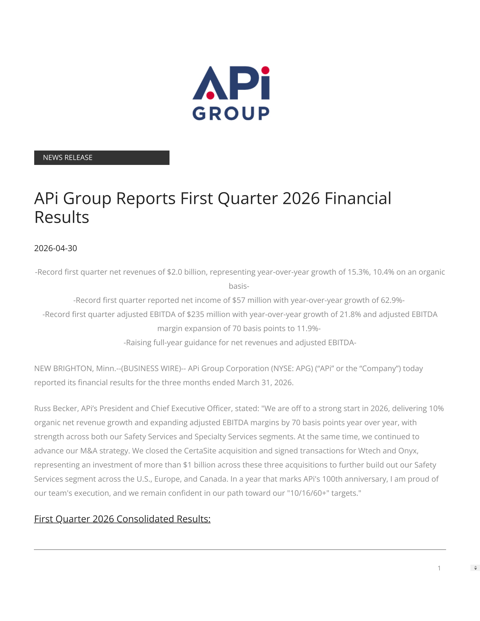 APi Group's Q1 2026 Press Release