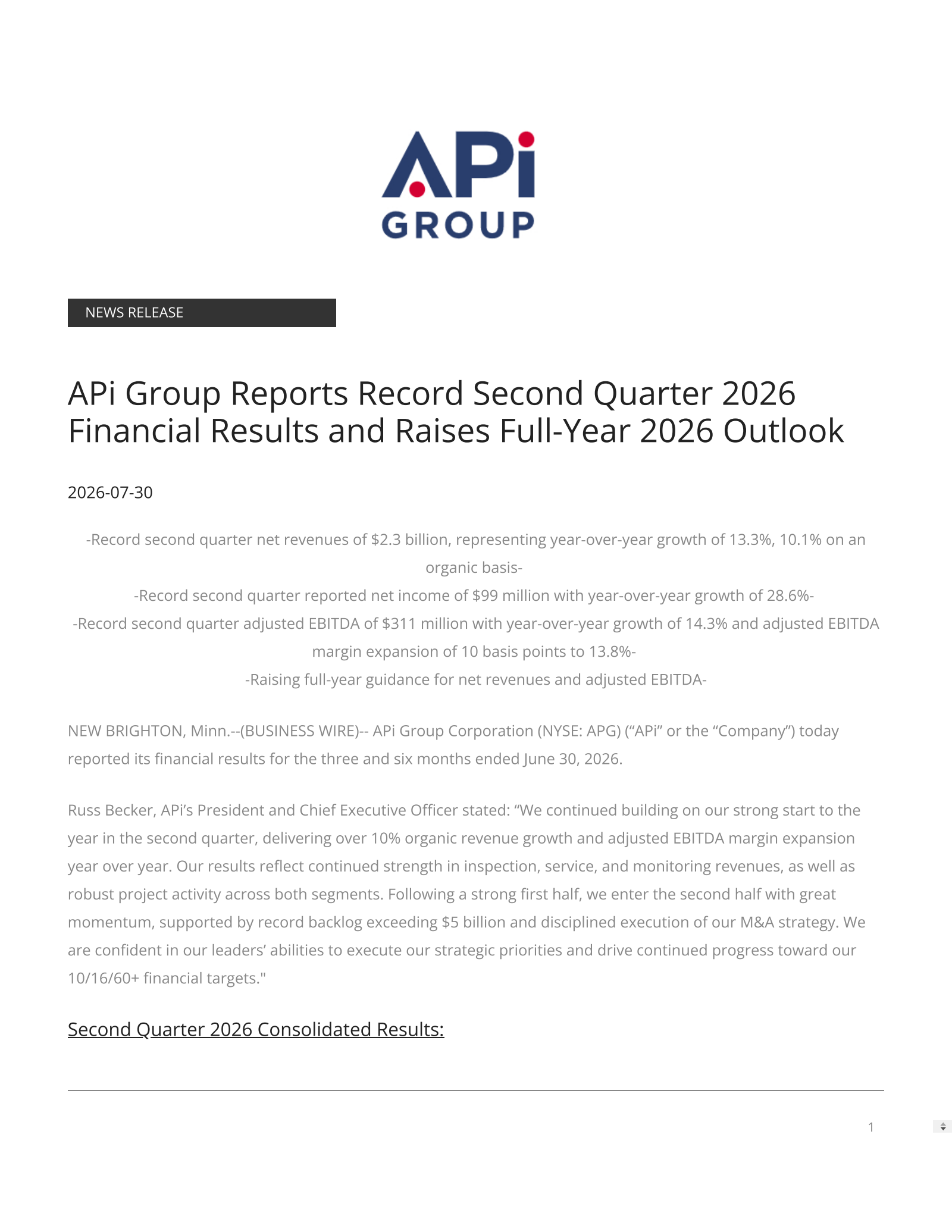 APi Group's Q2 2026 Press Release