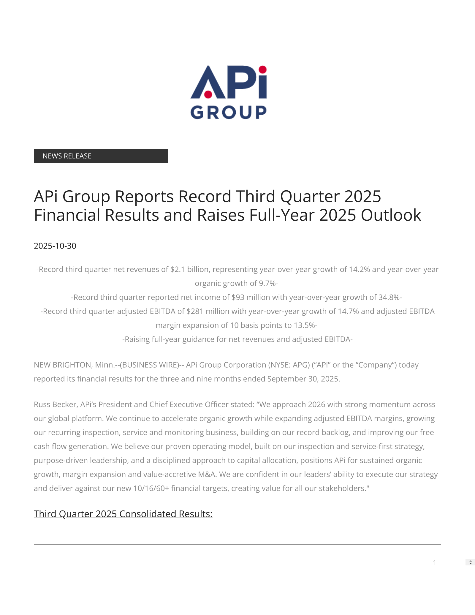 APi Group's Q3 2025 Earnings Release