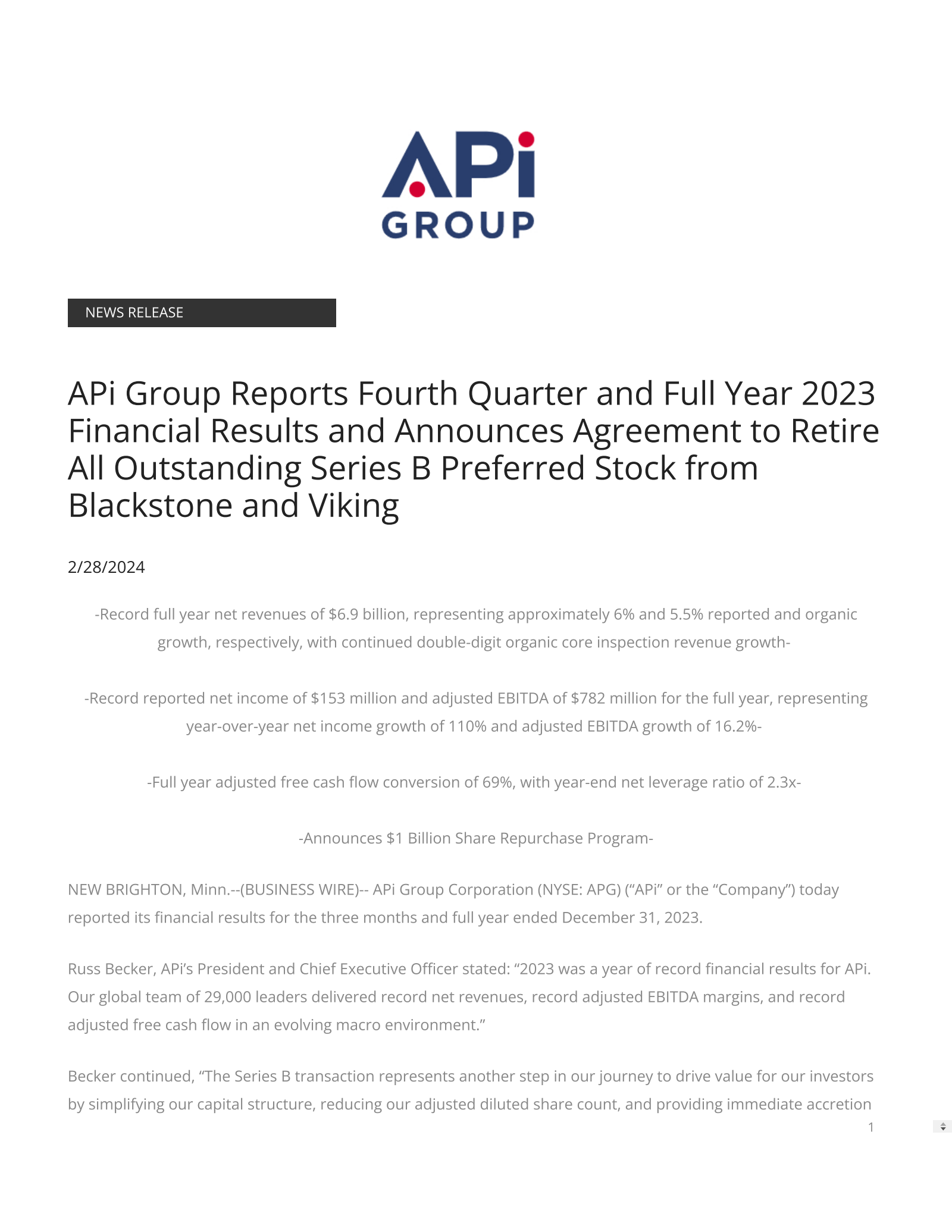 APi Group's Q4 2023 Press Release