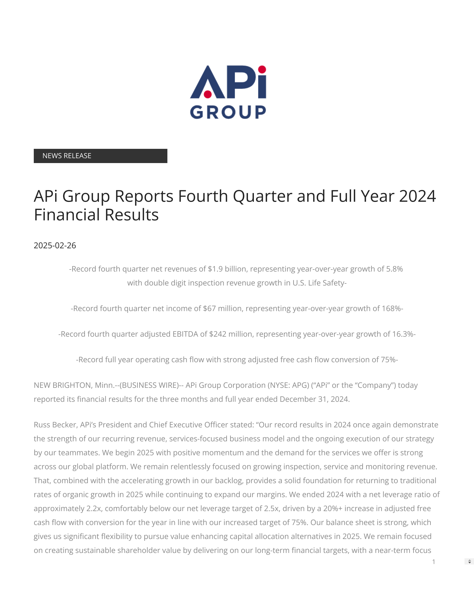 APi Group's Q4 2024 Press Release