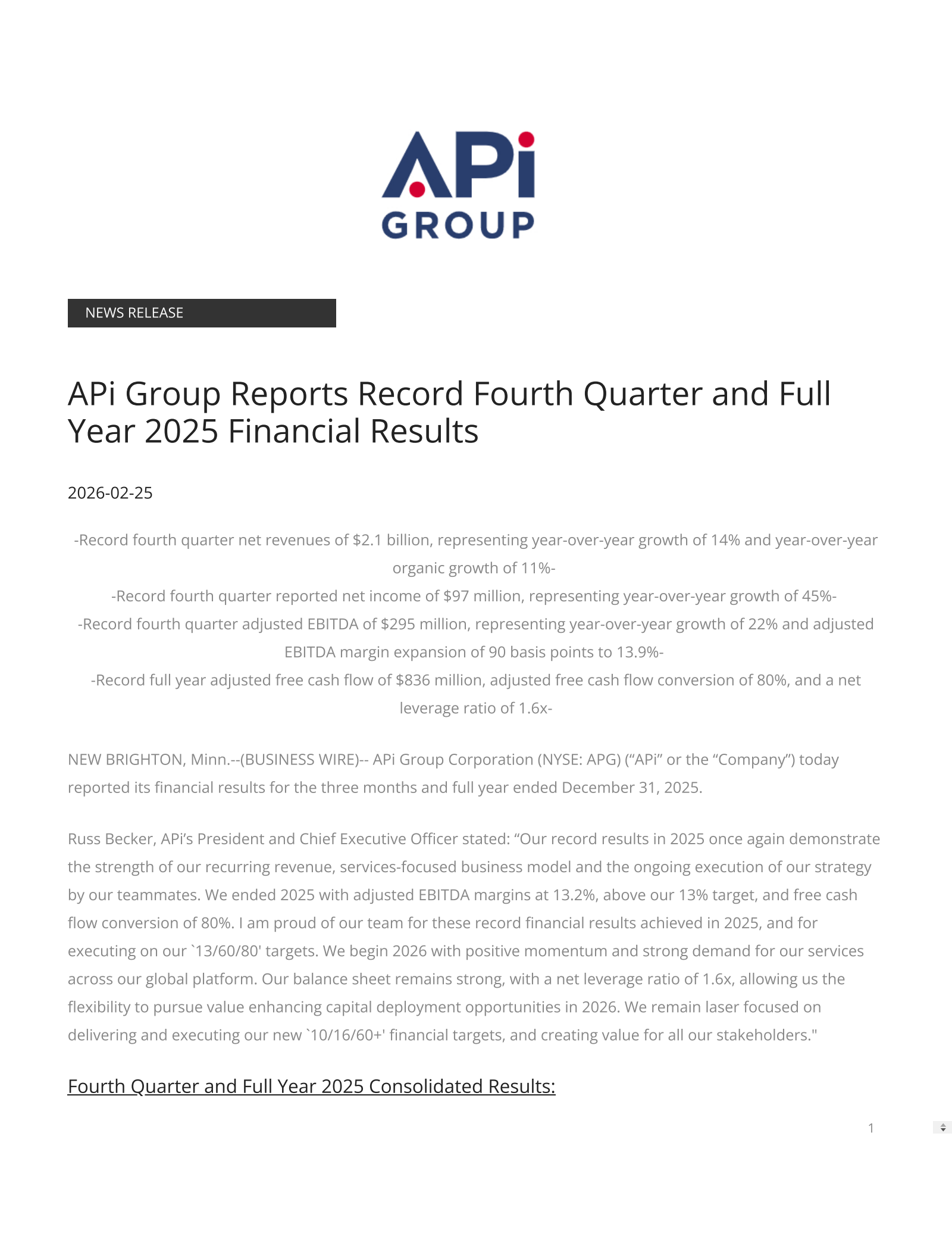 APi Group's Q4 2025 Press Release
