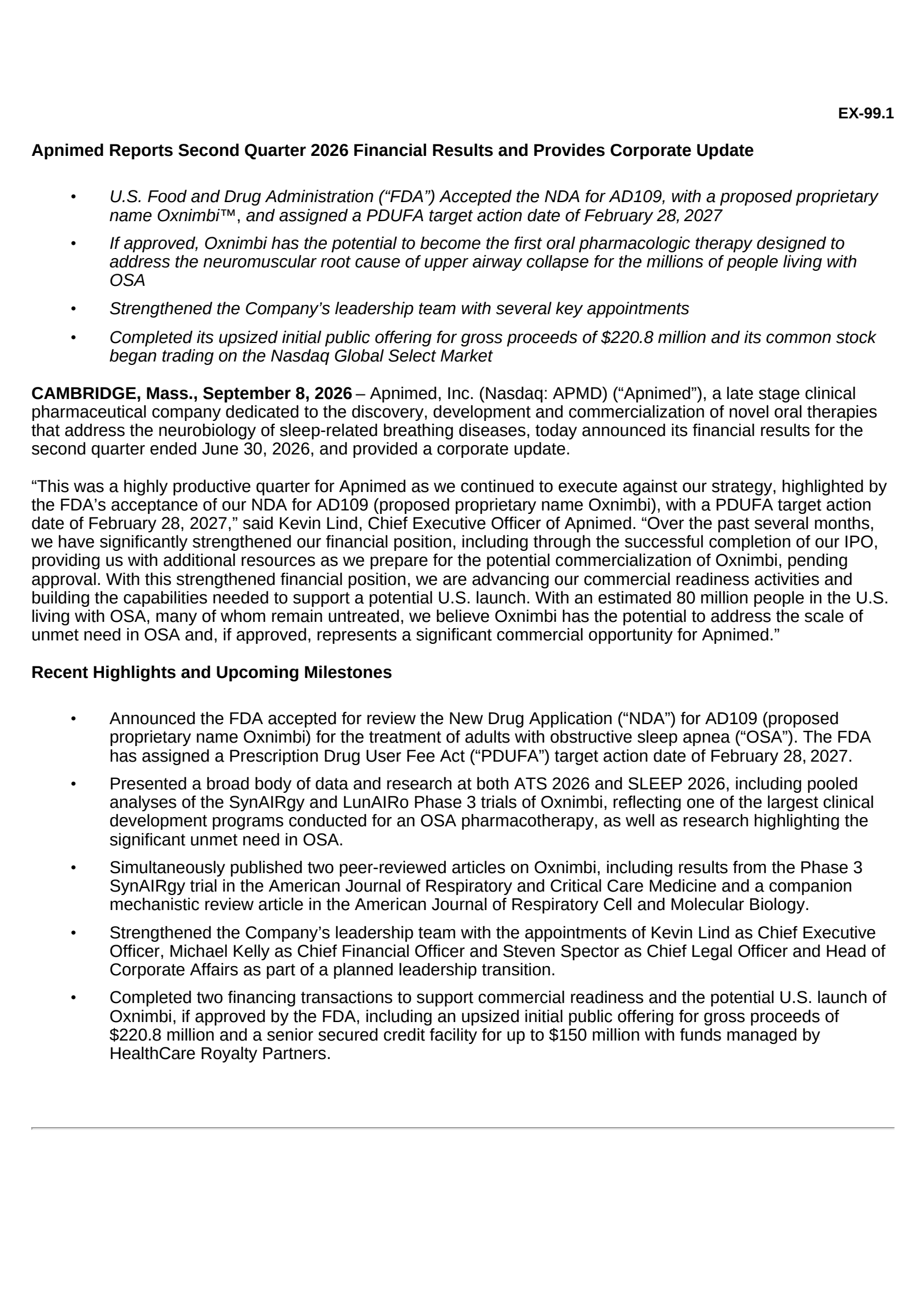 Apnimed's Q2 2026 Press Release