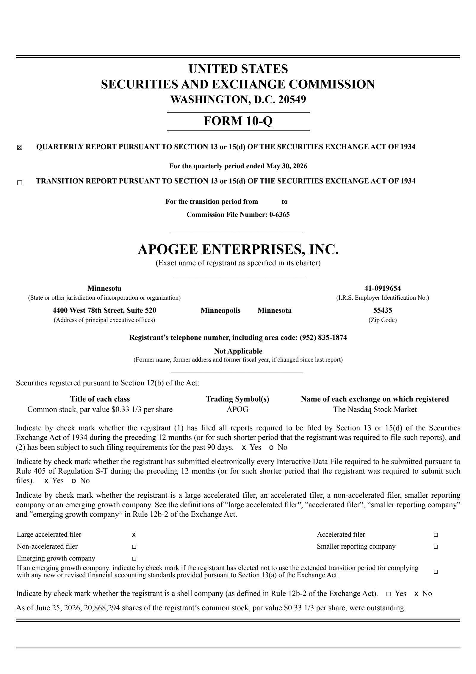 Apogee Enterprises' Q1 2027 Quarterly report