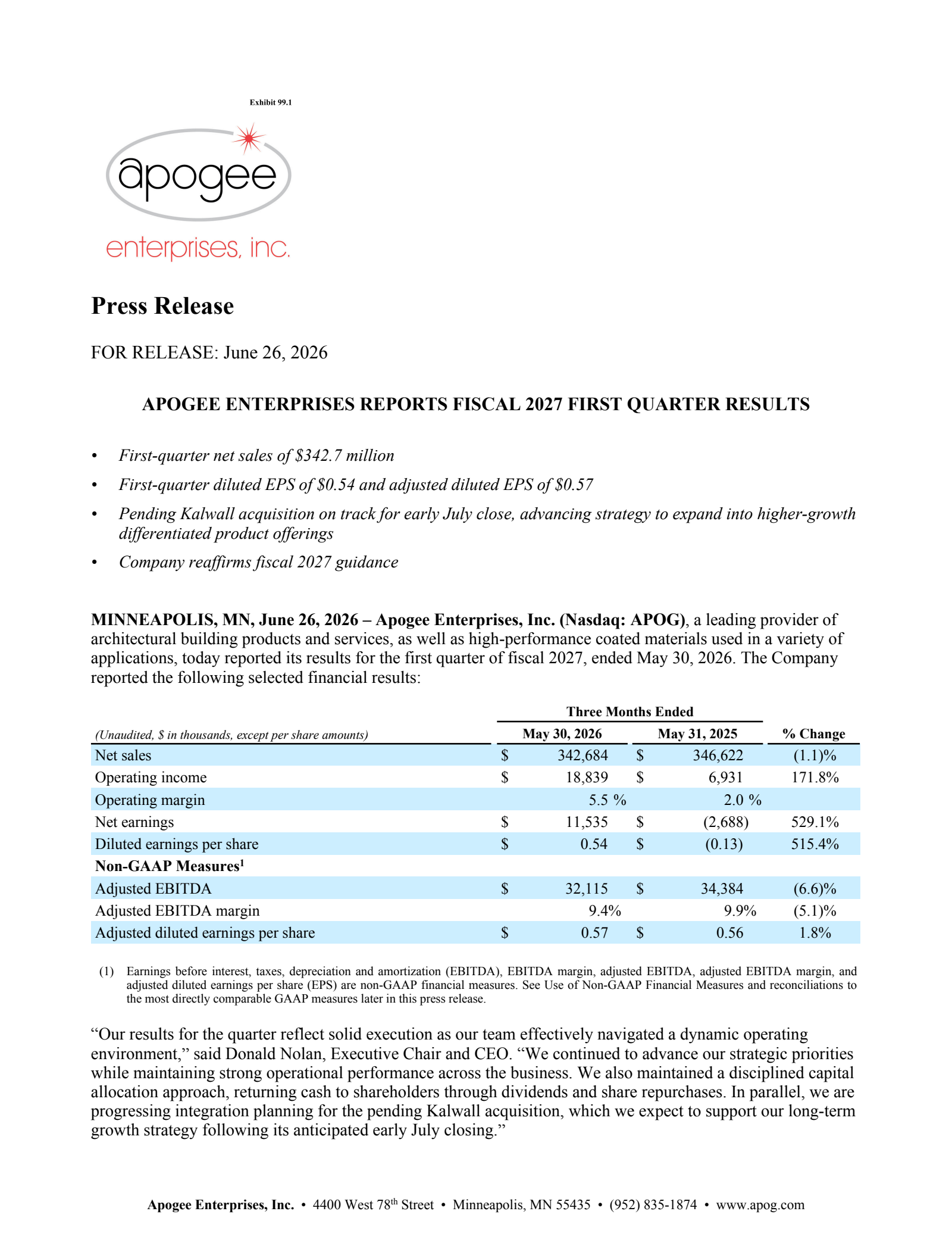 Apogee Enterprises' Q1 2027 Press Release