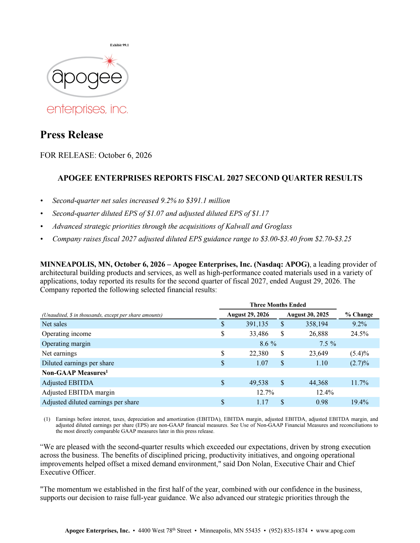 Apogee Enterprises' Q2 2027 Press Release