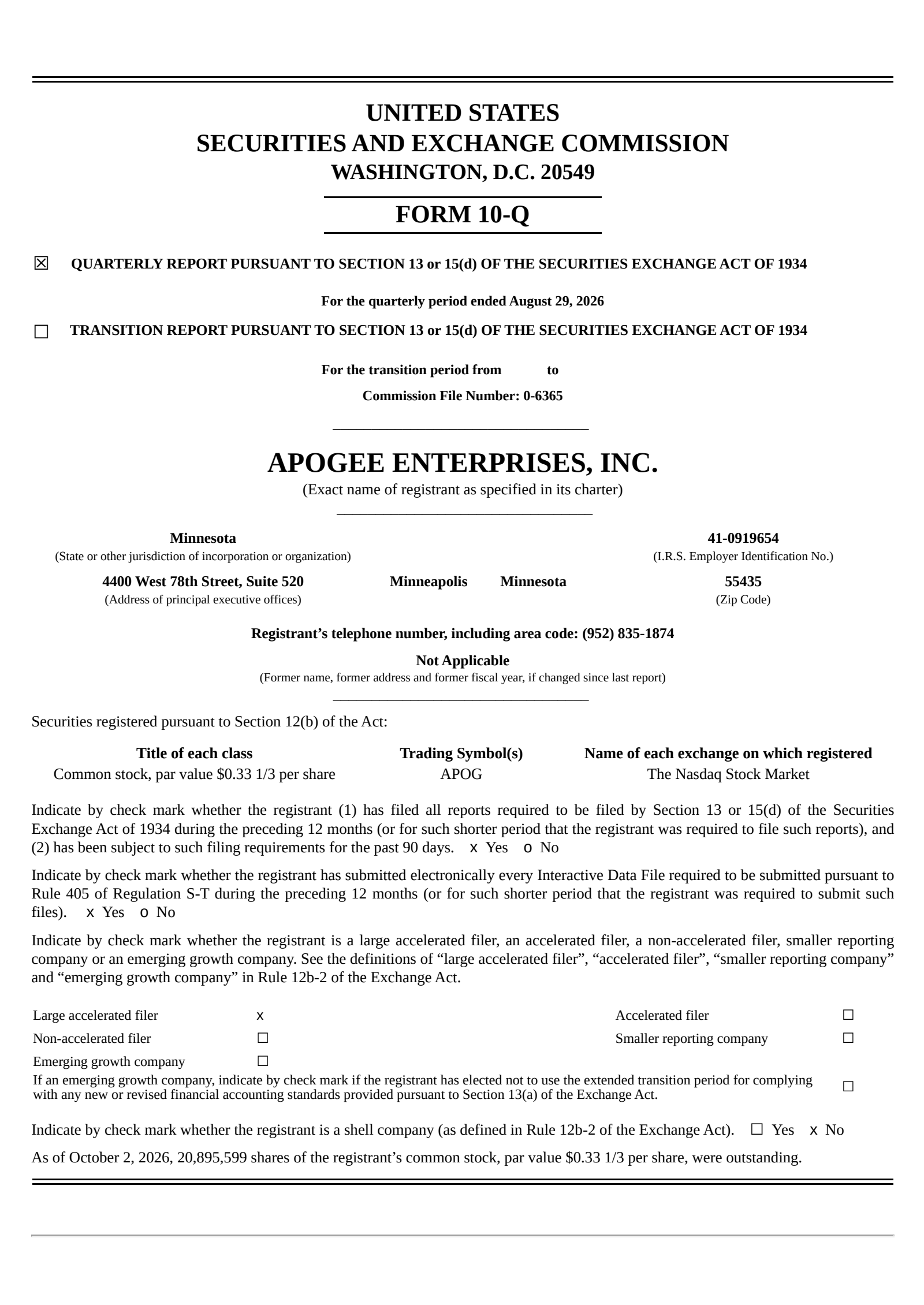 Apogee Enterprises' Q2 2027 Quarterly report