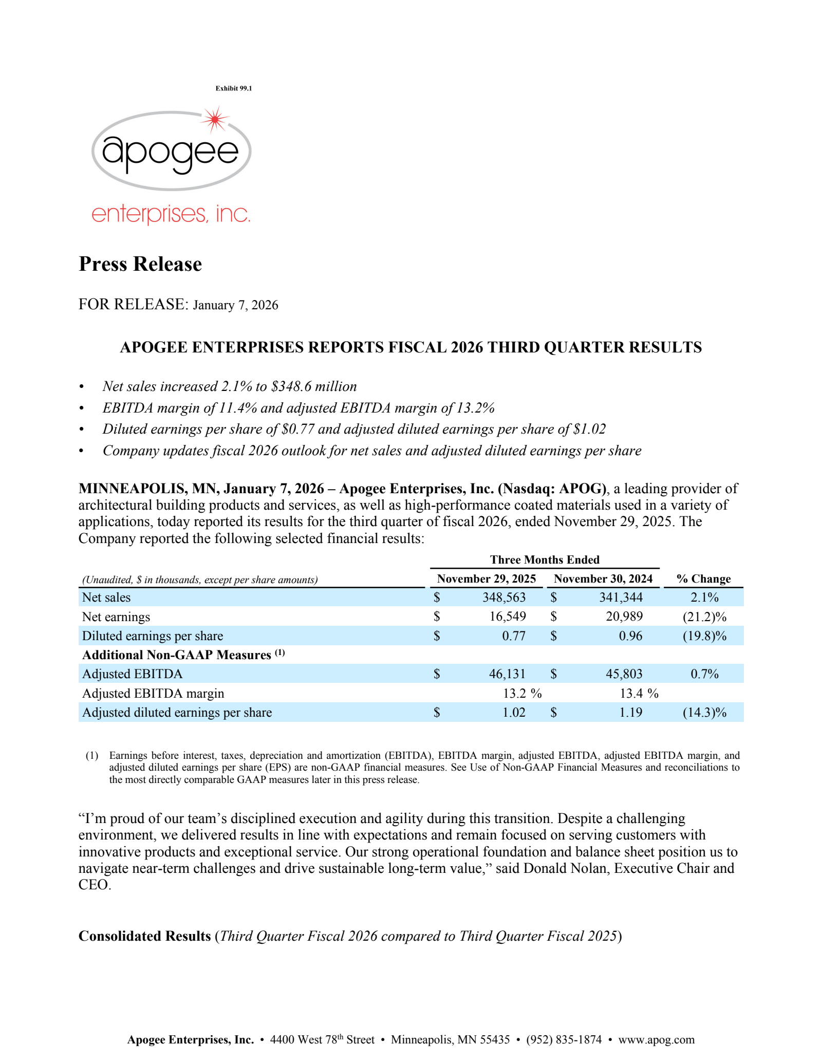 Apogee Enterprises' Q3 2026 Earnings Release