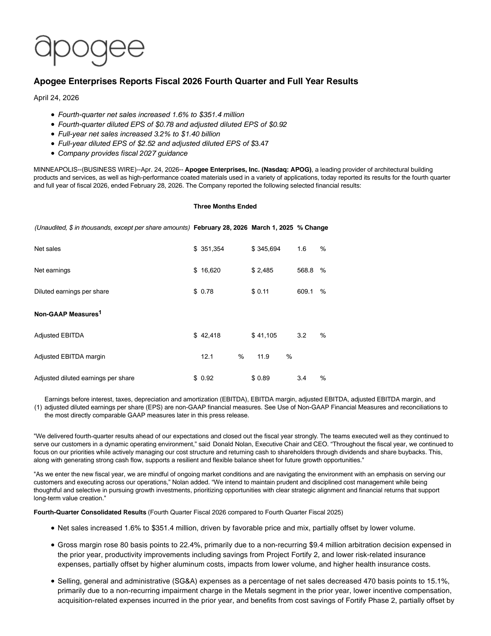Apogee Enterprises' Q4 2026 Press Release