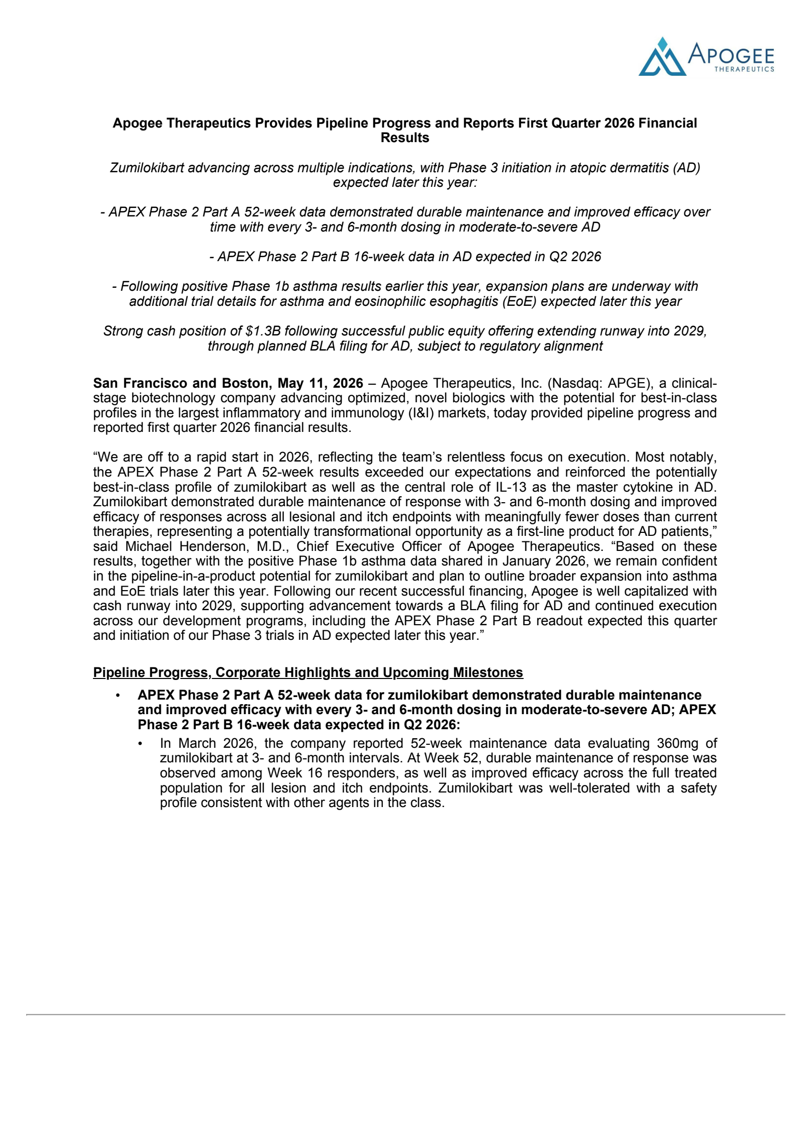 Apogee Therapeutics' Q1 2026 Press Release