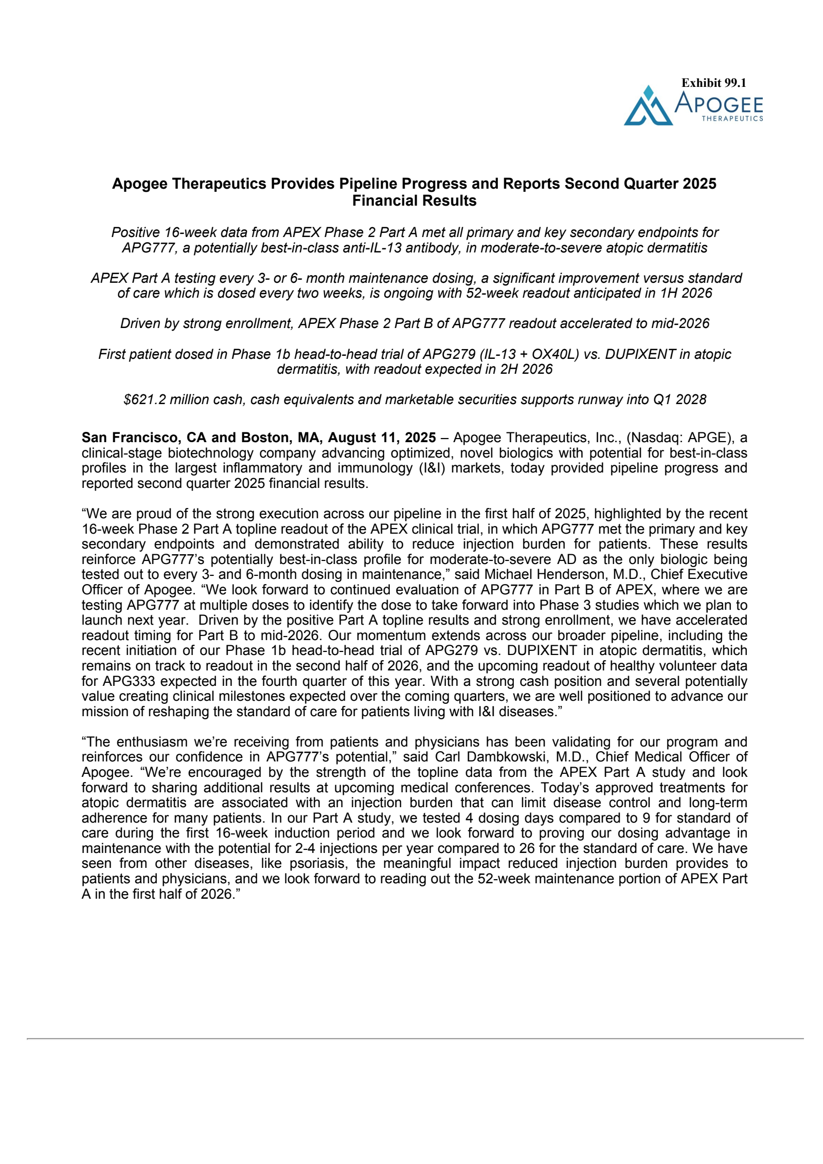 Apogee Therapeutics' Q2 2025 Press Release