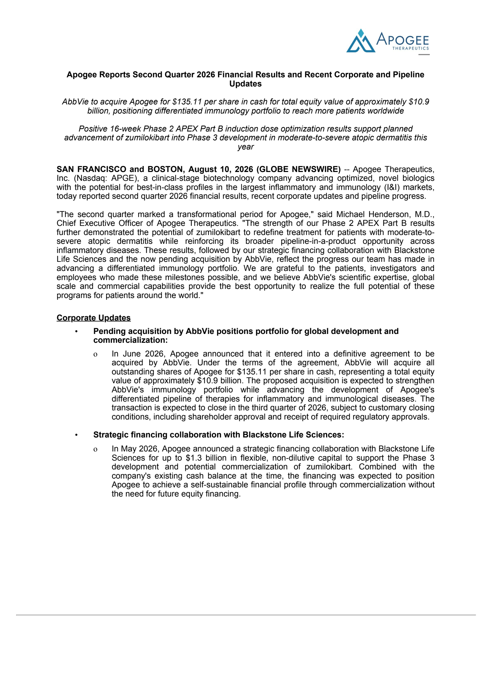 Apogee Therapeutics' Q2 2026 Press Release