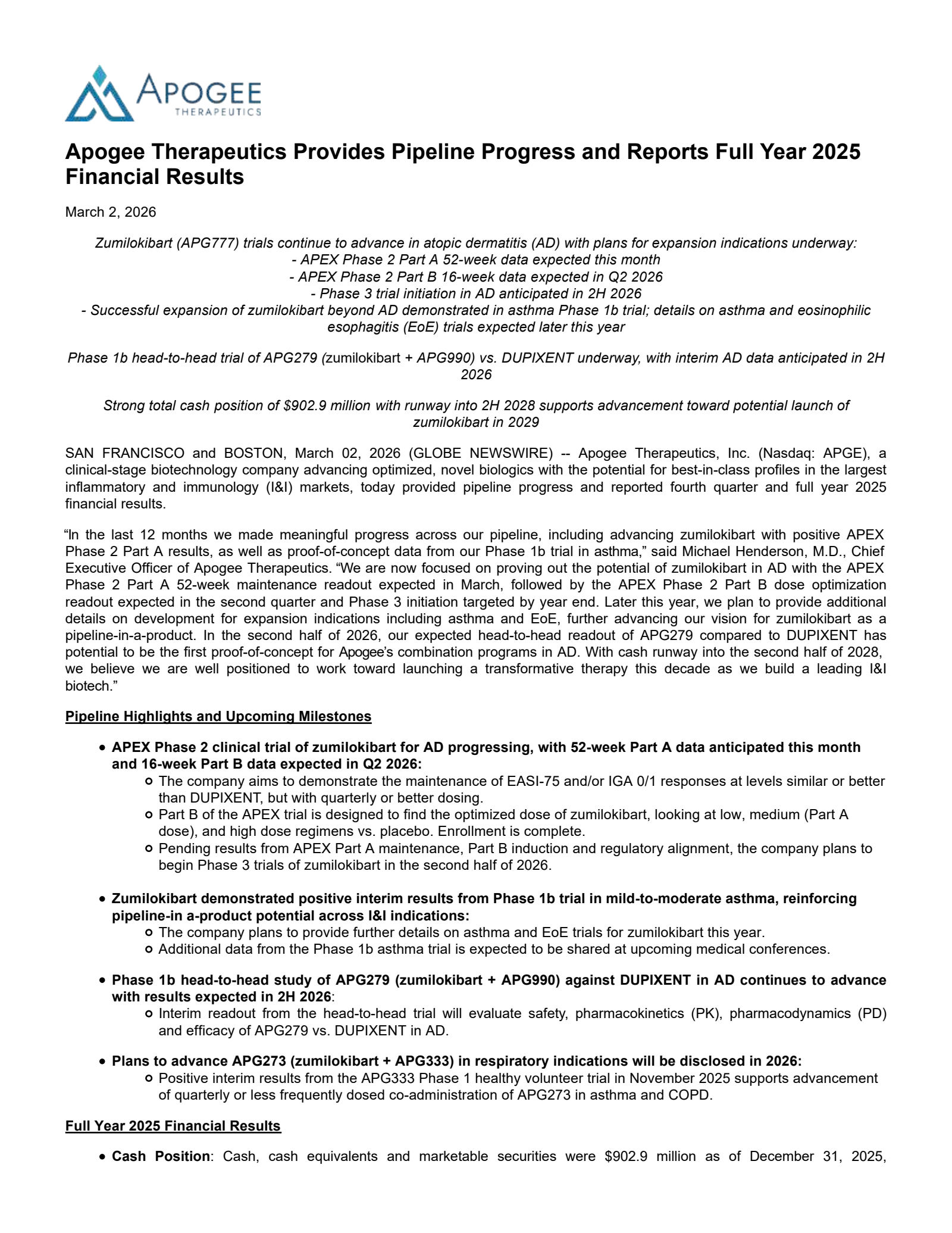 Apogee Therapeutics' Q4 2025 Press Release