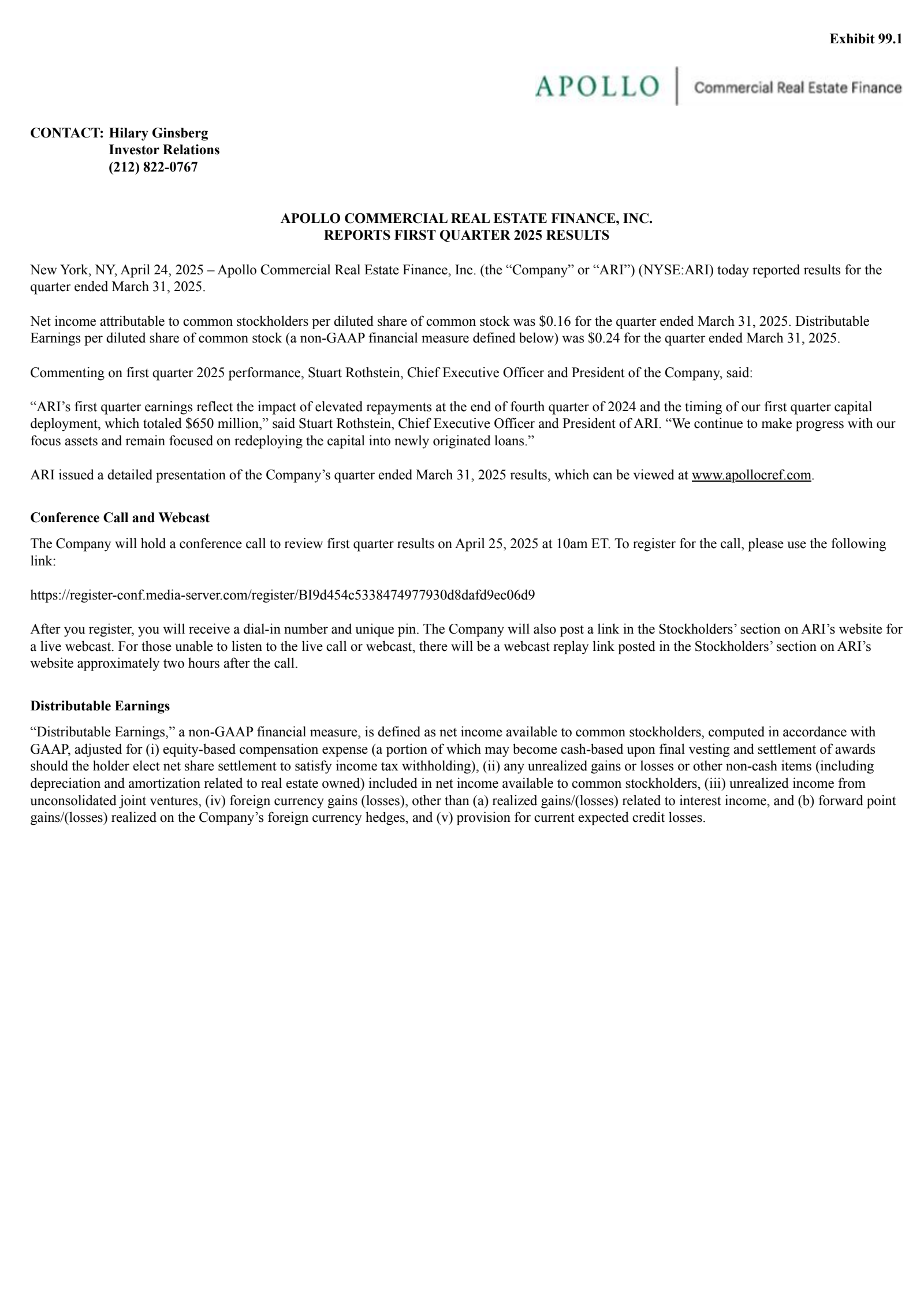 Stewart Rothstein ARI Q1 2025 Earnings Report on 4/24/2025
