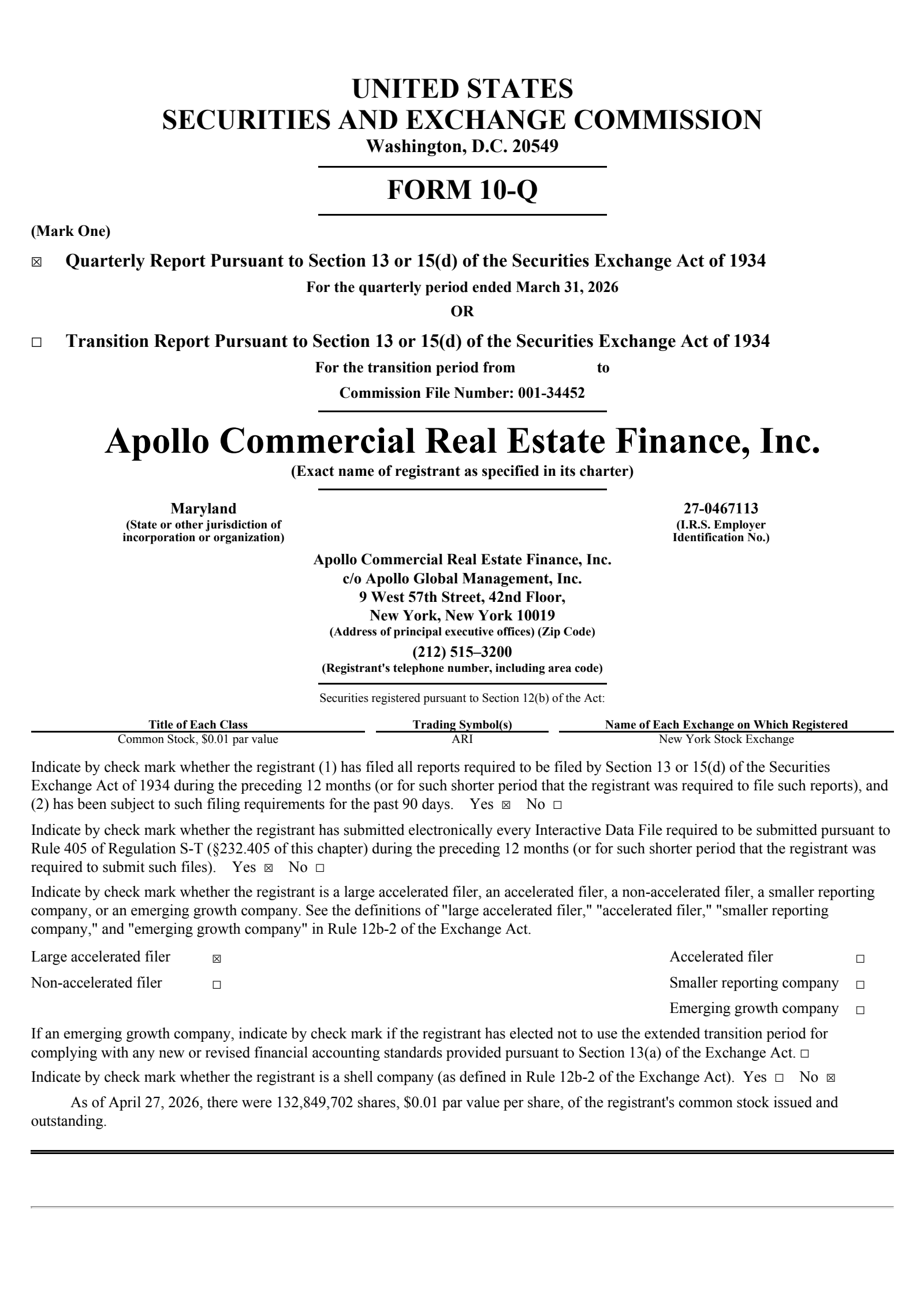 Apollo Commercial Real Estate Finance's Q1 2026 Quarterly report