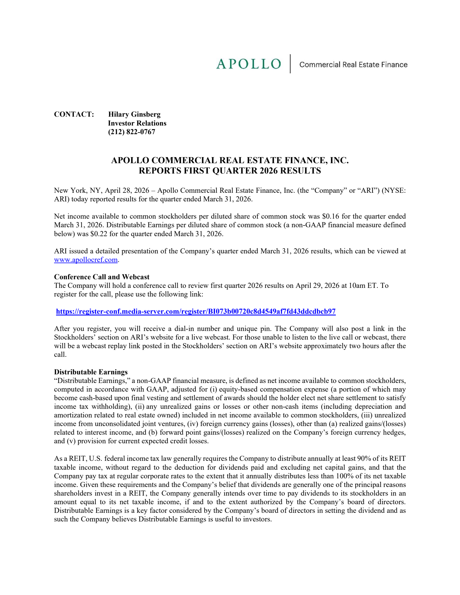 Apollo Commercial Real Estate Finance's Q1 2026 Press Release