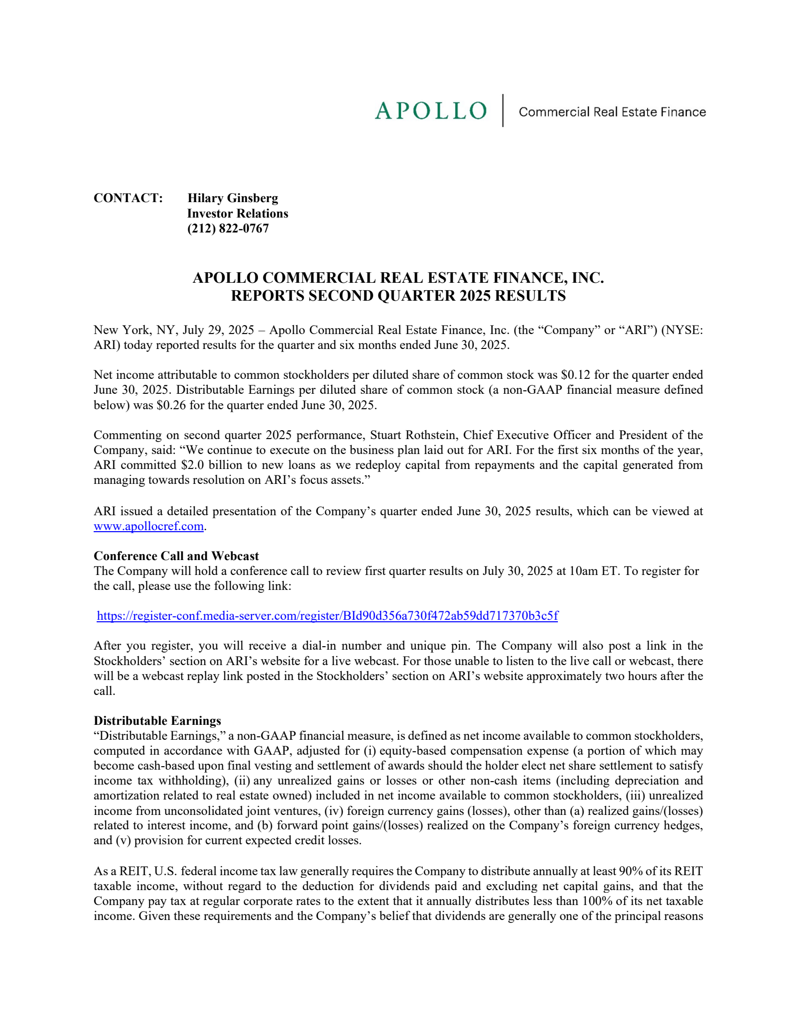 Apollo Commercial Real Estate Finance's Q2 2025 Press Release