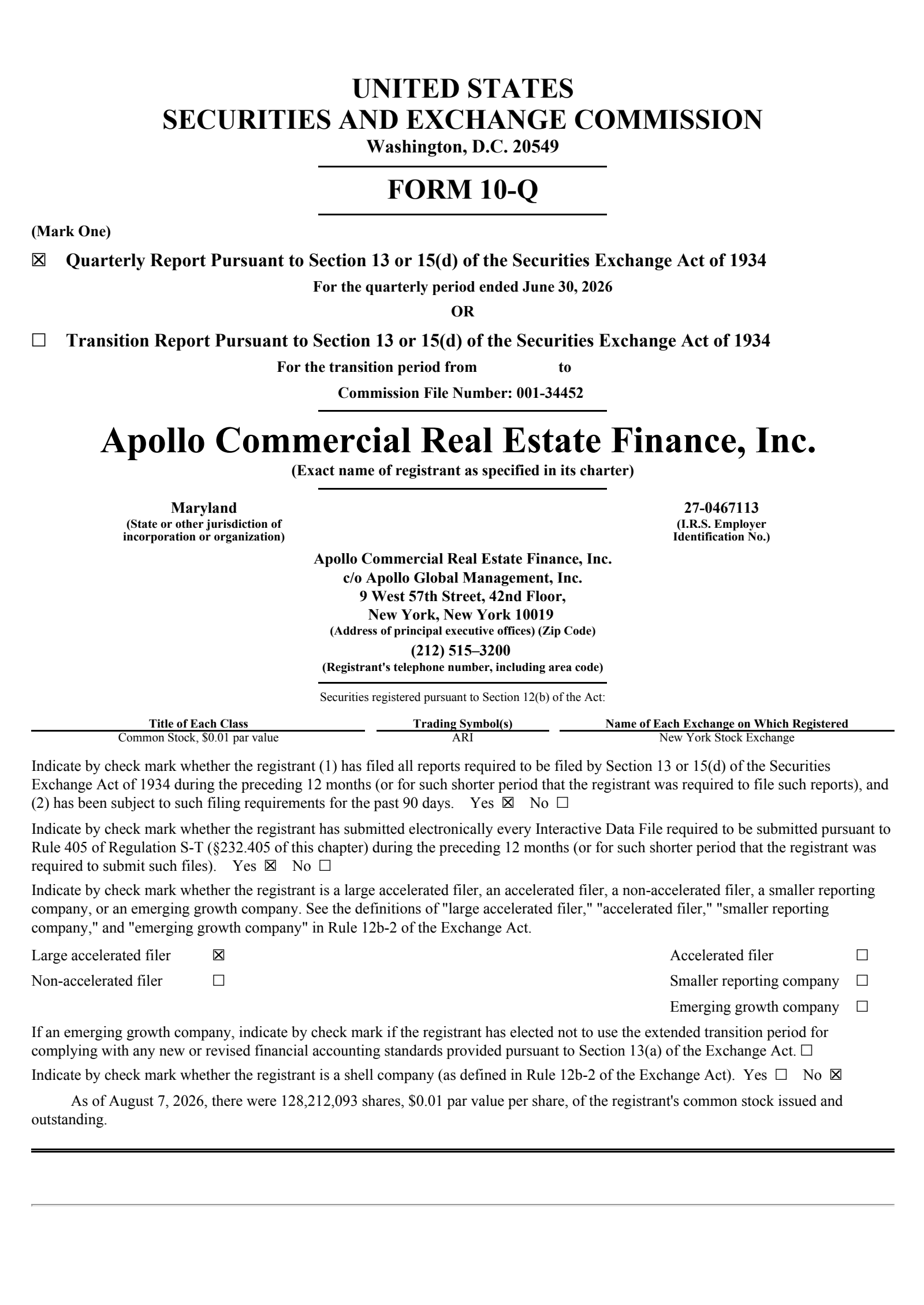 Apollo Commercial Real Estate Finance's Q2 2026 Quarterly report