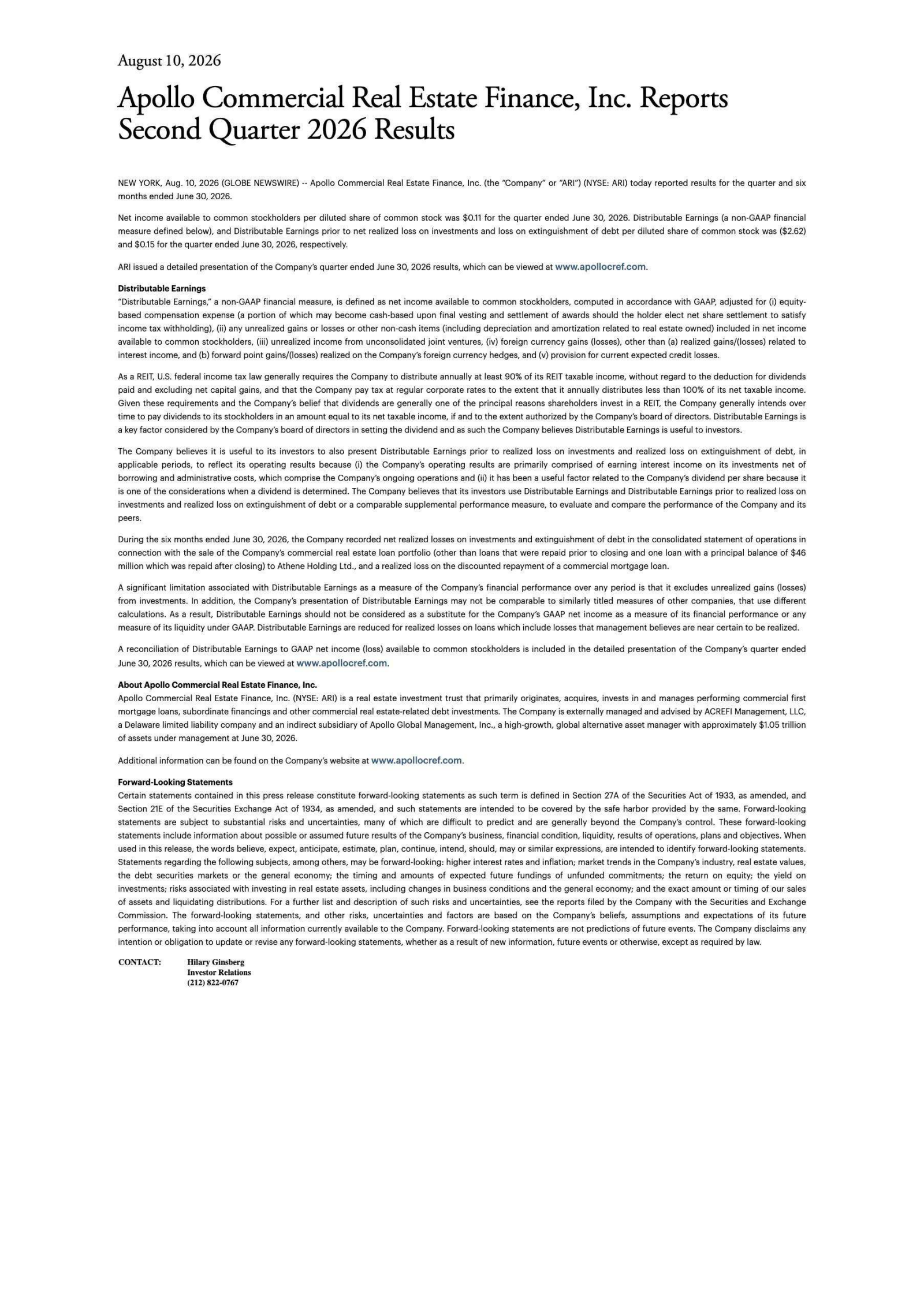 Apollo Commercial Real Estate Finance's Q2 2026 Press Release