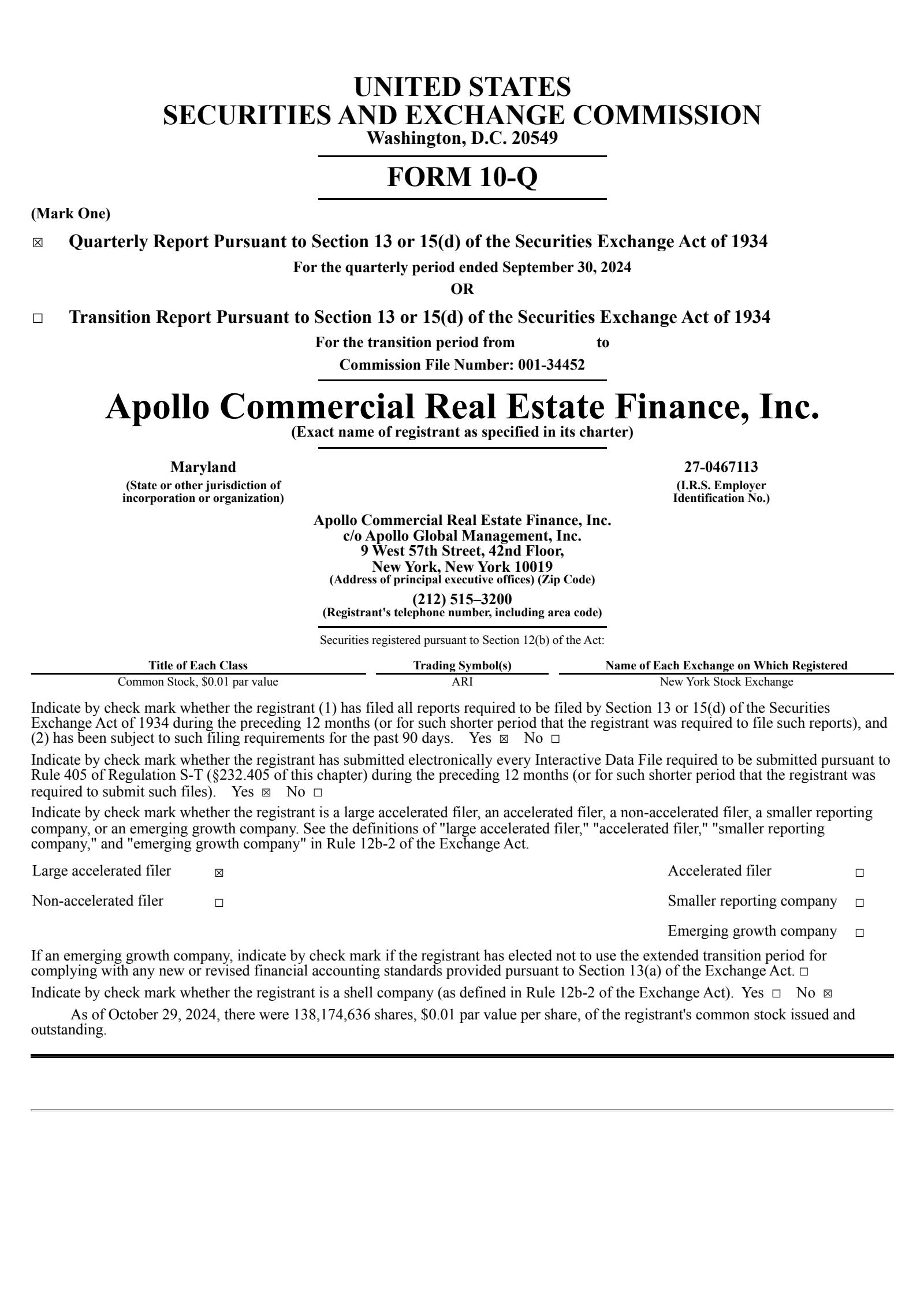 Apollo Commercial Real Estate Finance's Q3 2024 Quarterly report