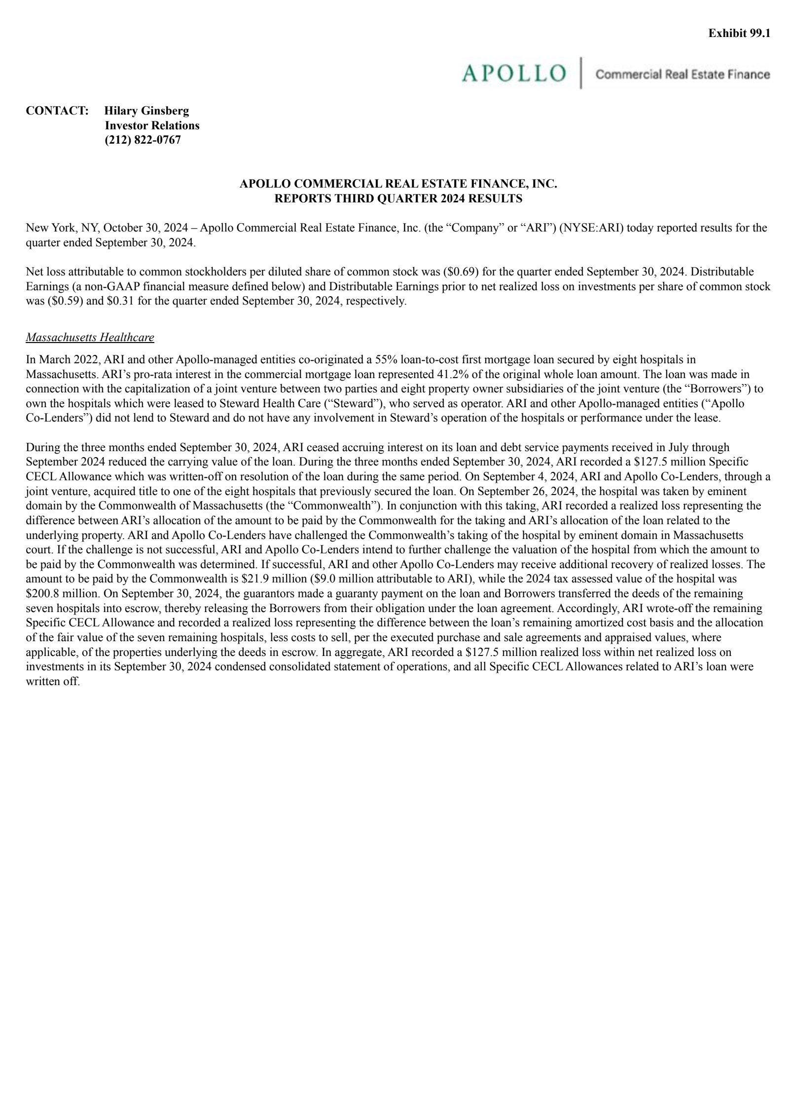 Apollo Commercial Real Estate Finance's Q3 2024 Press Release