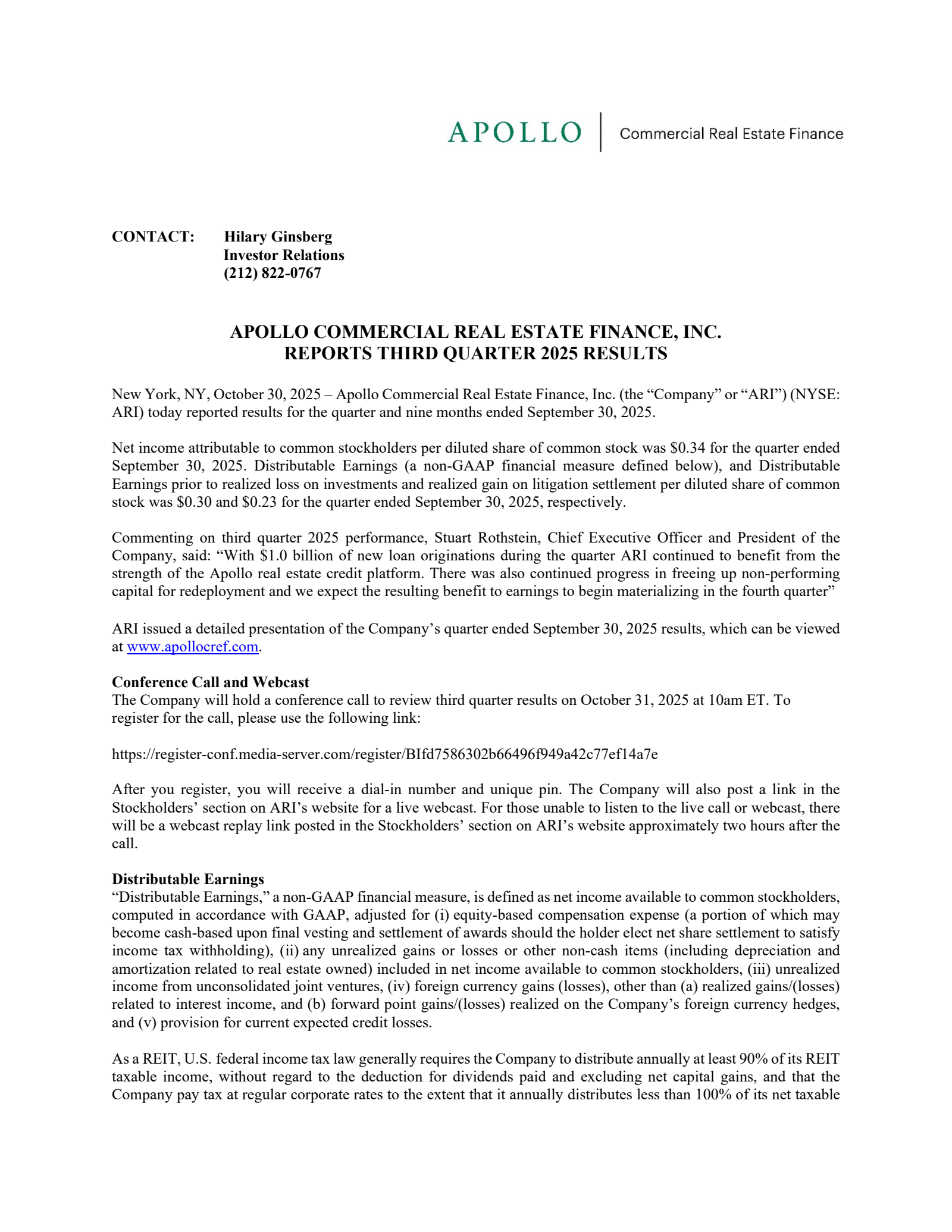 Apollo Commercial Real Estate Finance's Q3 2025 Earnings Release