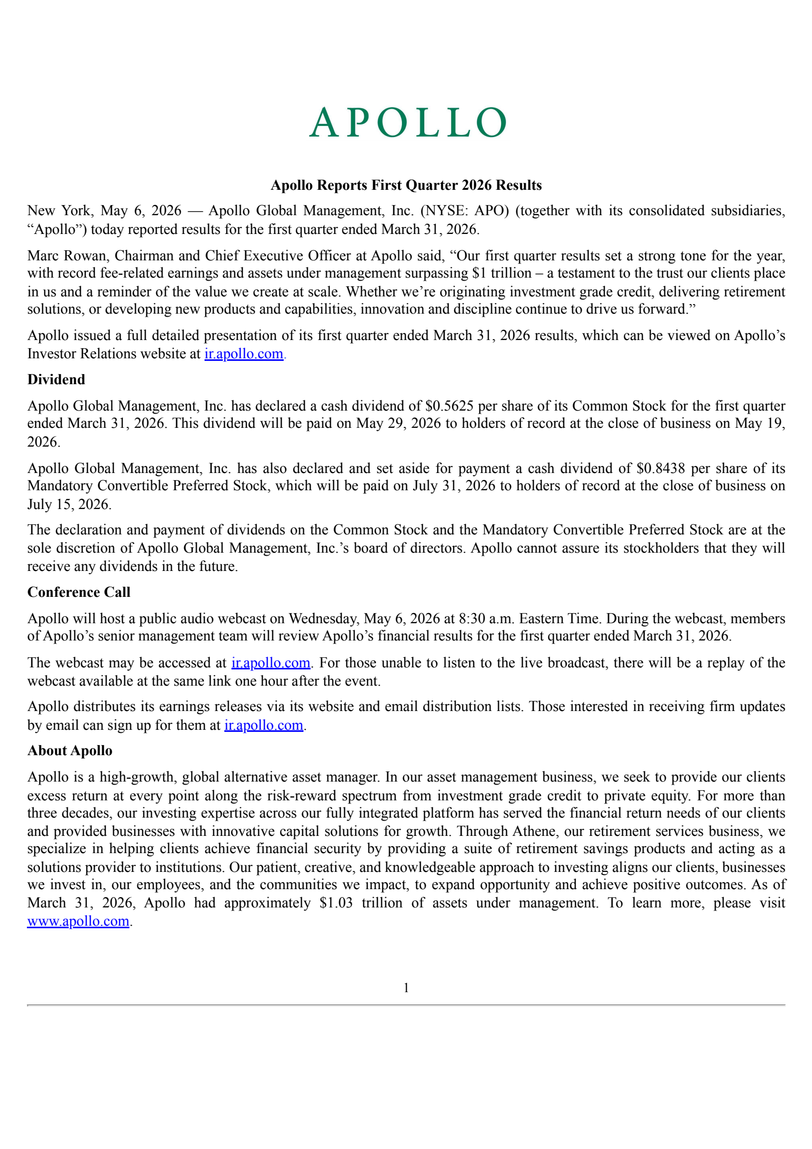 Apollo Global Management's Q1 2026 Press Release