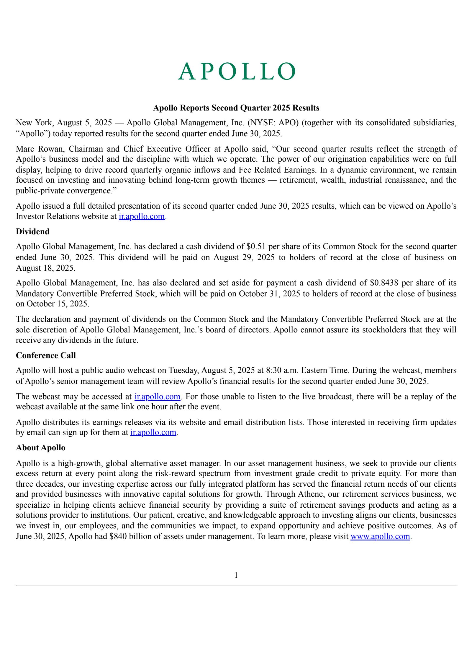 Apollo Global Management's Q2 2025 Press Release