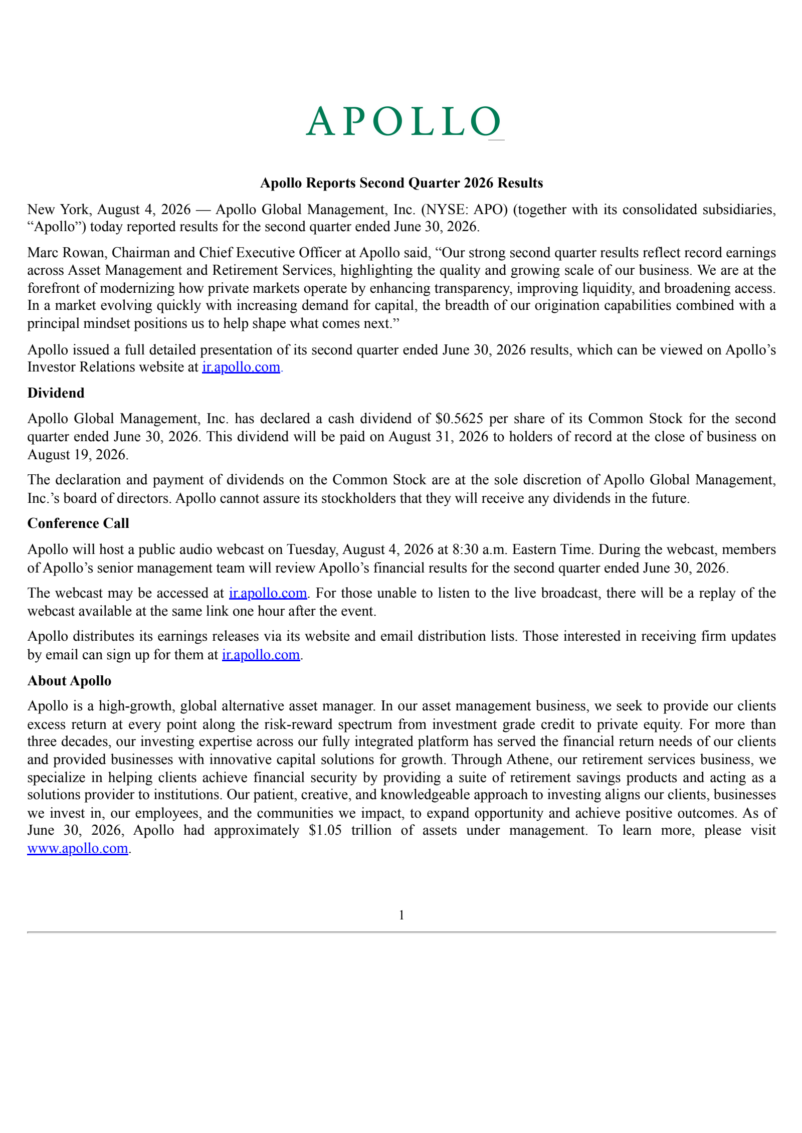 Apollo Global Management's Q2 2026 Press Release
