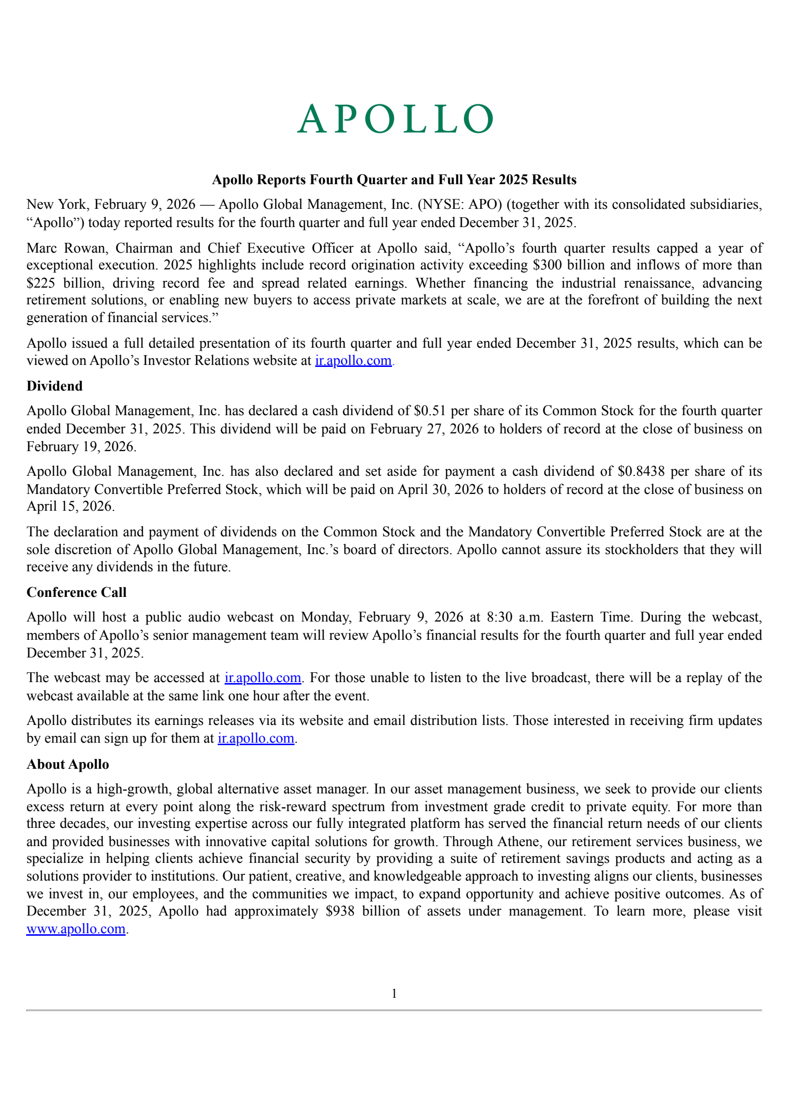 Apollo Global Management's Q4 2025 Press Release