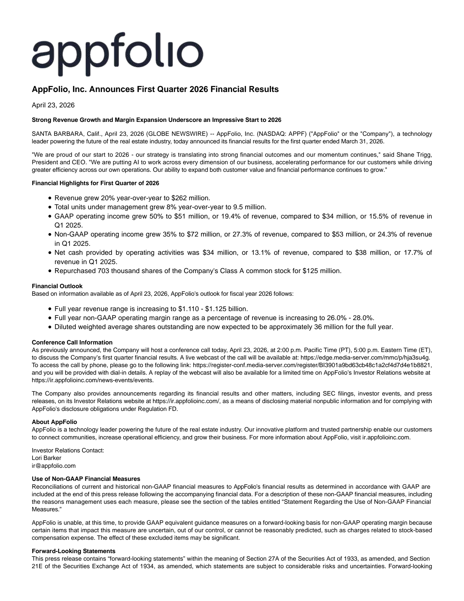 AppFolio's Q1 2026 Press Release