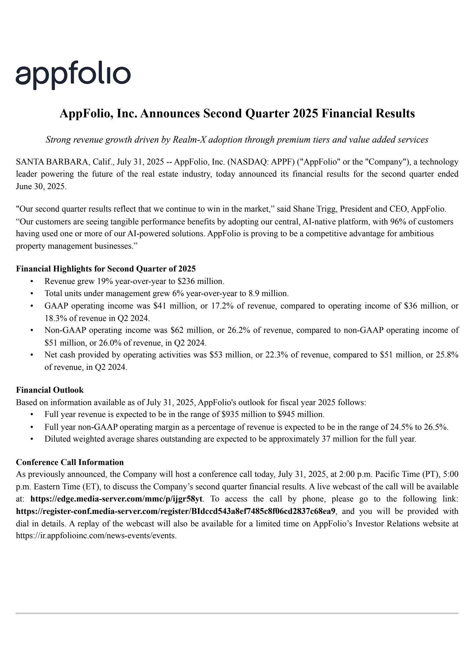 AppFolio's Q2 2025 Press Release