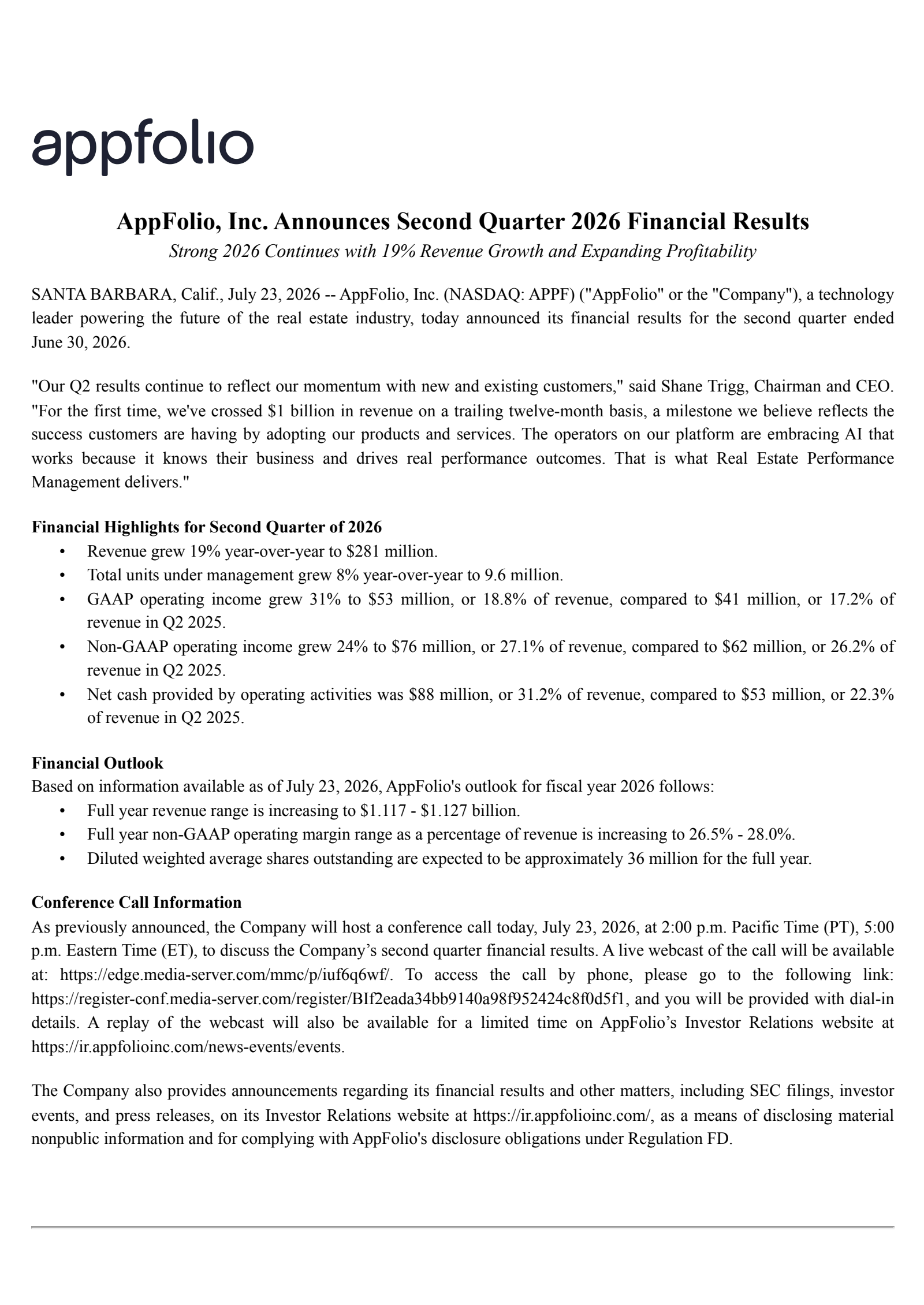 AppFolio's Q2 2026 Press Release
