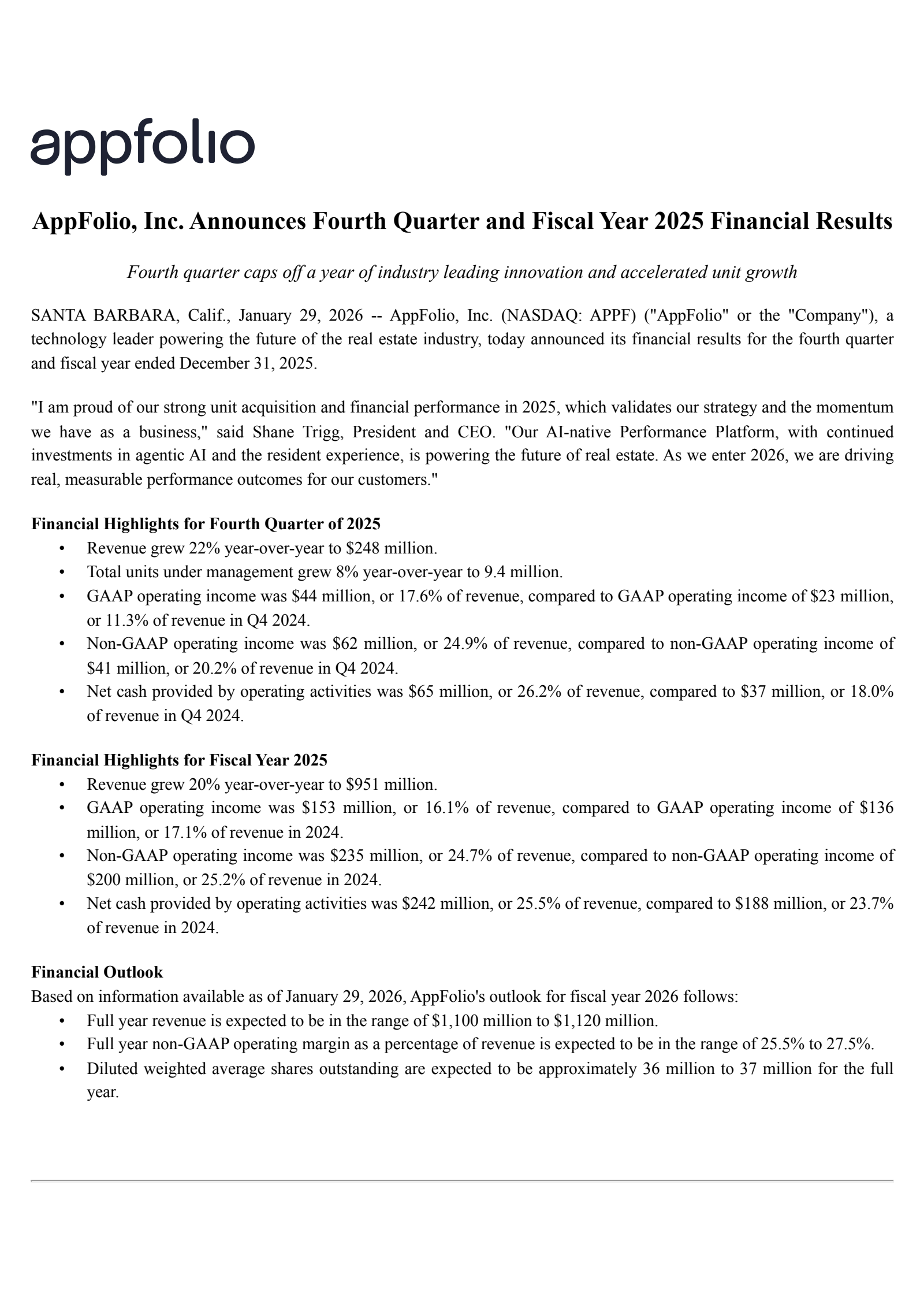 AppFolio's Q4 2025 Press Release