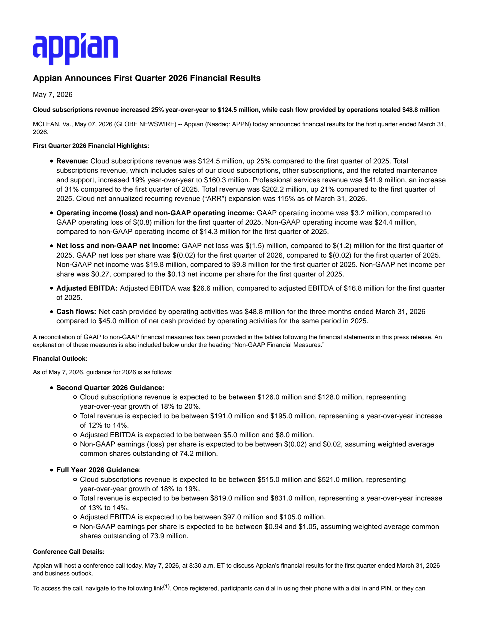 Appian's Q1 2026 Press Release