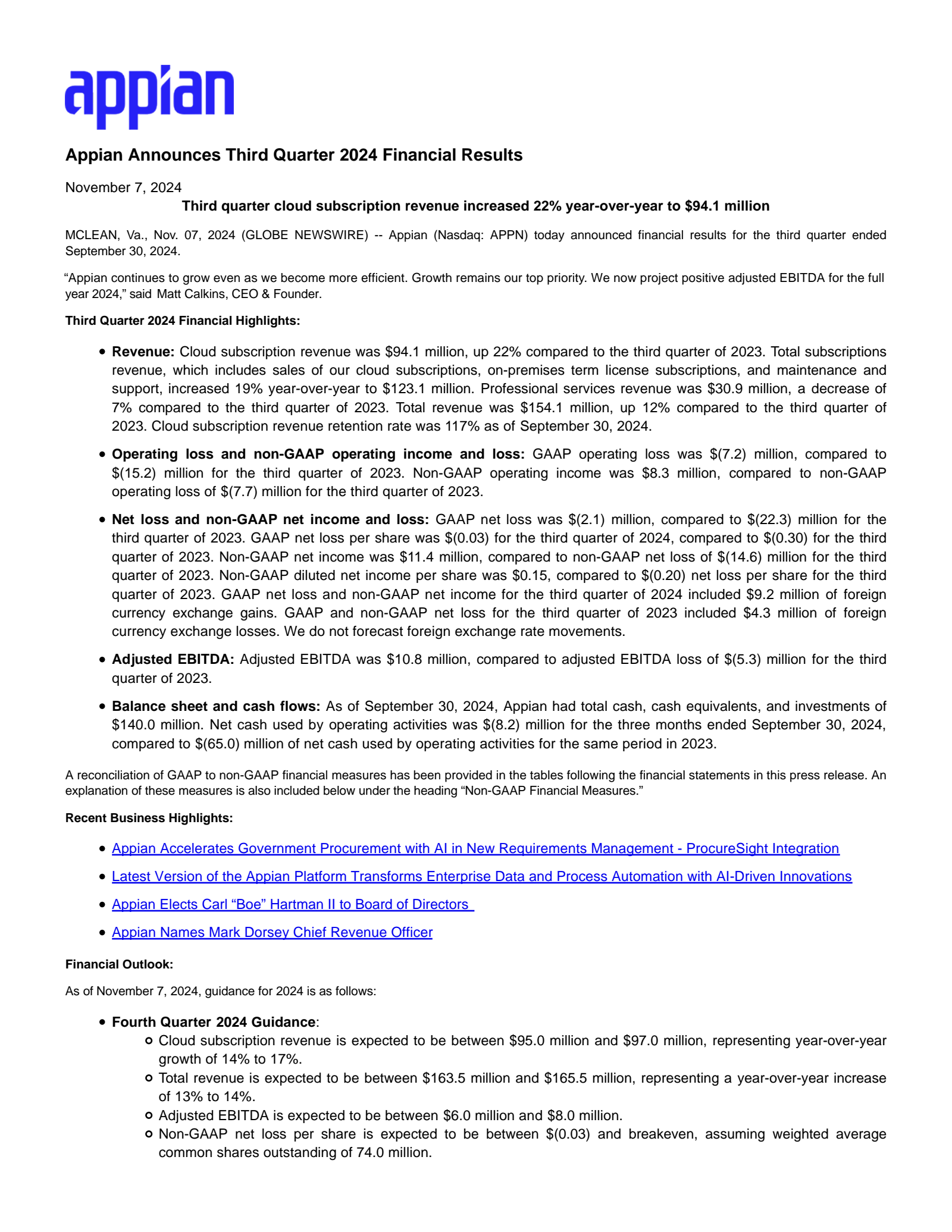 Appian's Q3 2024 Press Release