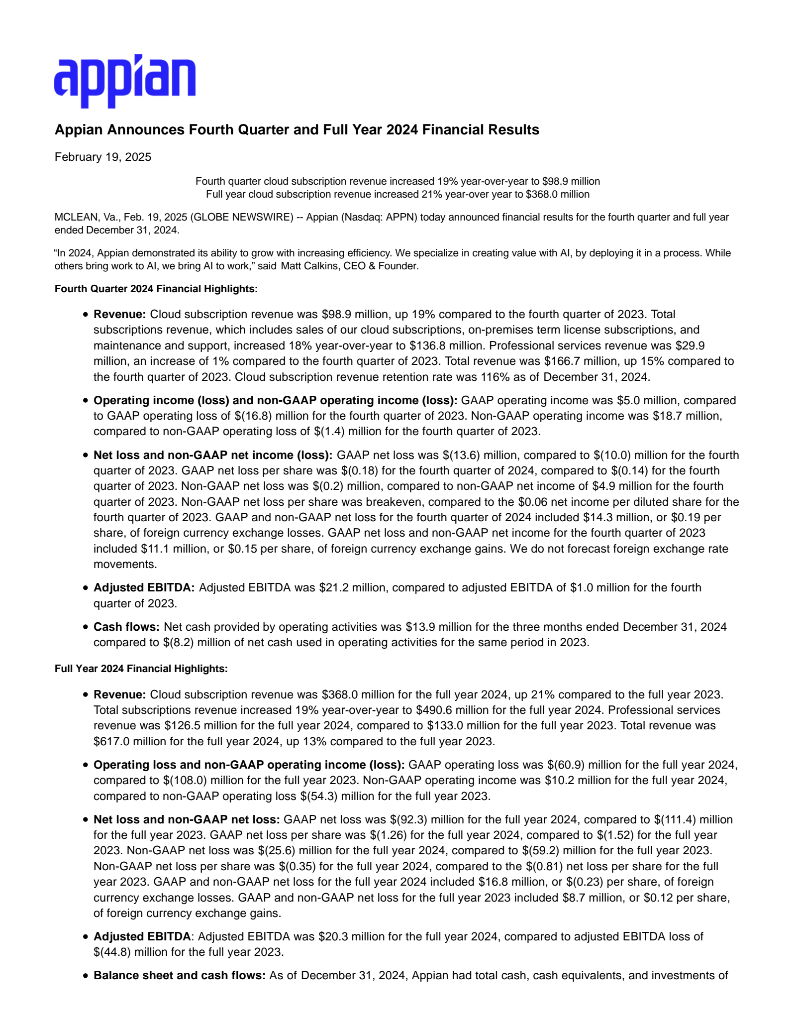 Appian's Q4 2024 Press Release