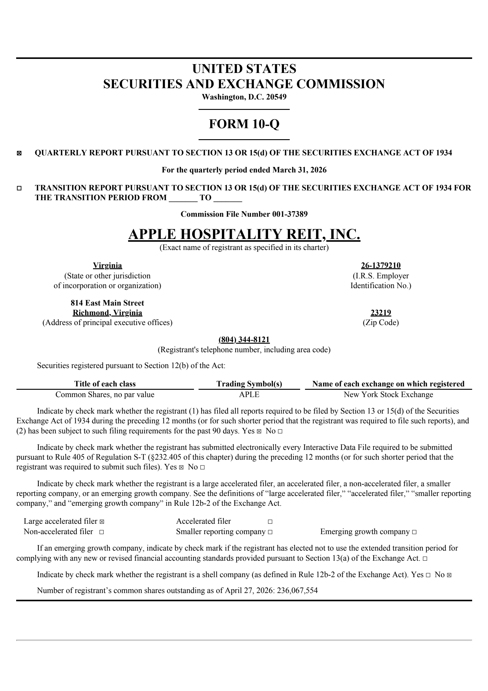 Apple Hospitality REIT's Q1 2026 Quarterly report