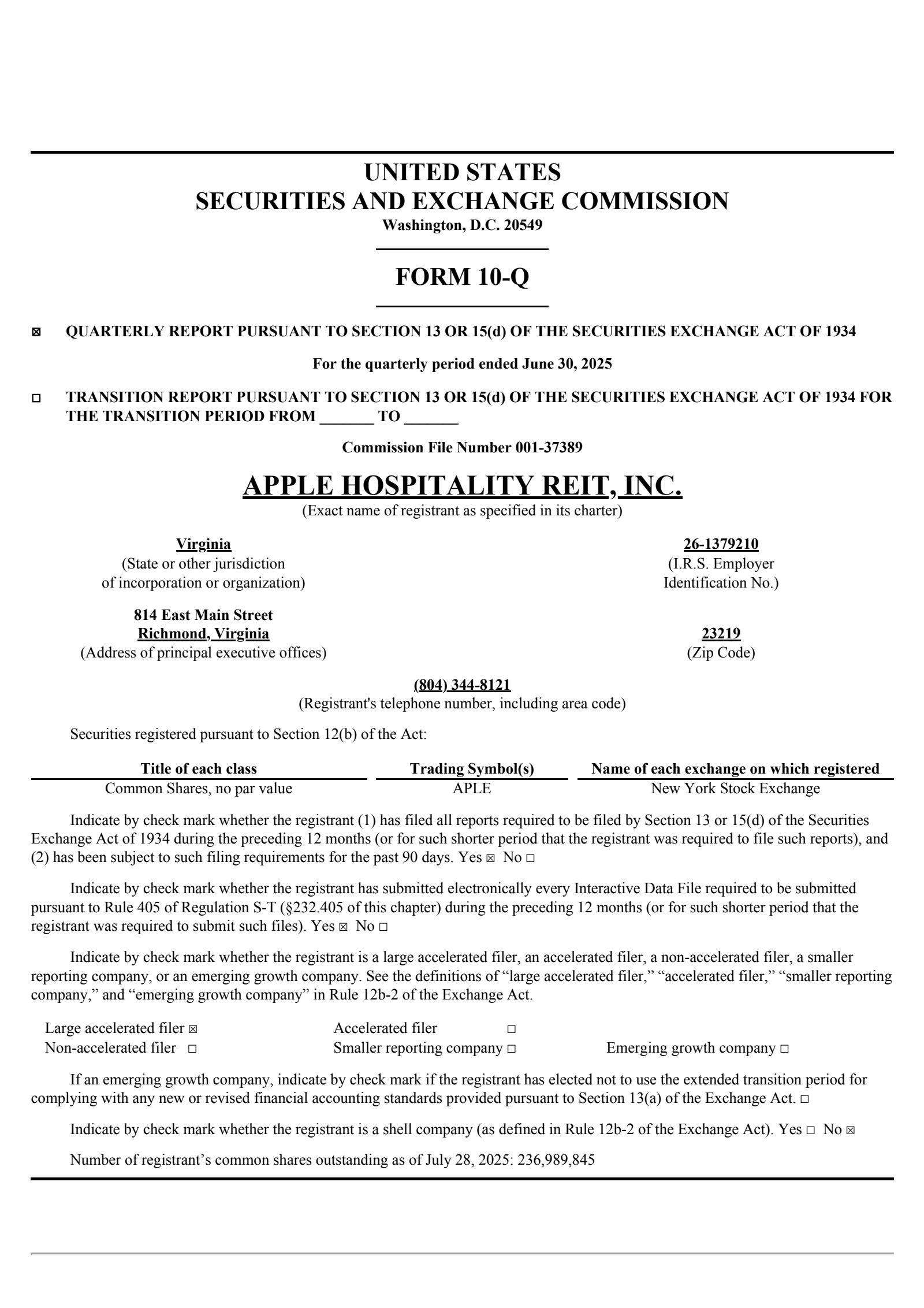 Apple Hospitality REIT's Q2 2025 Quarterly report