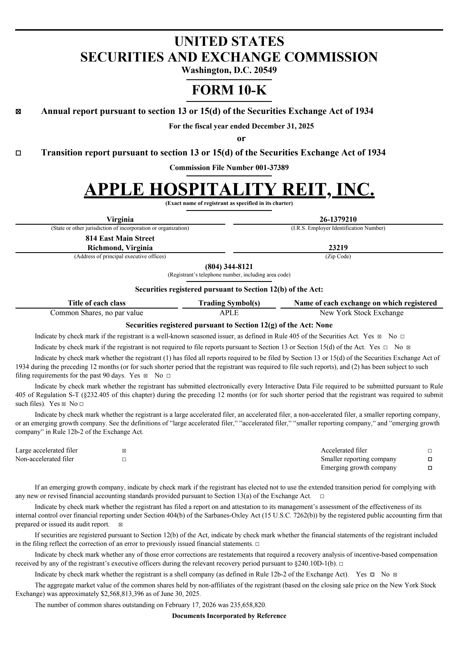 Apple Hospitality REIT's Q4 2025 Annual report