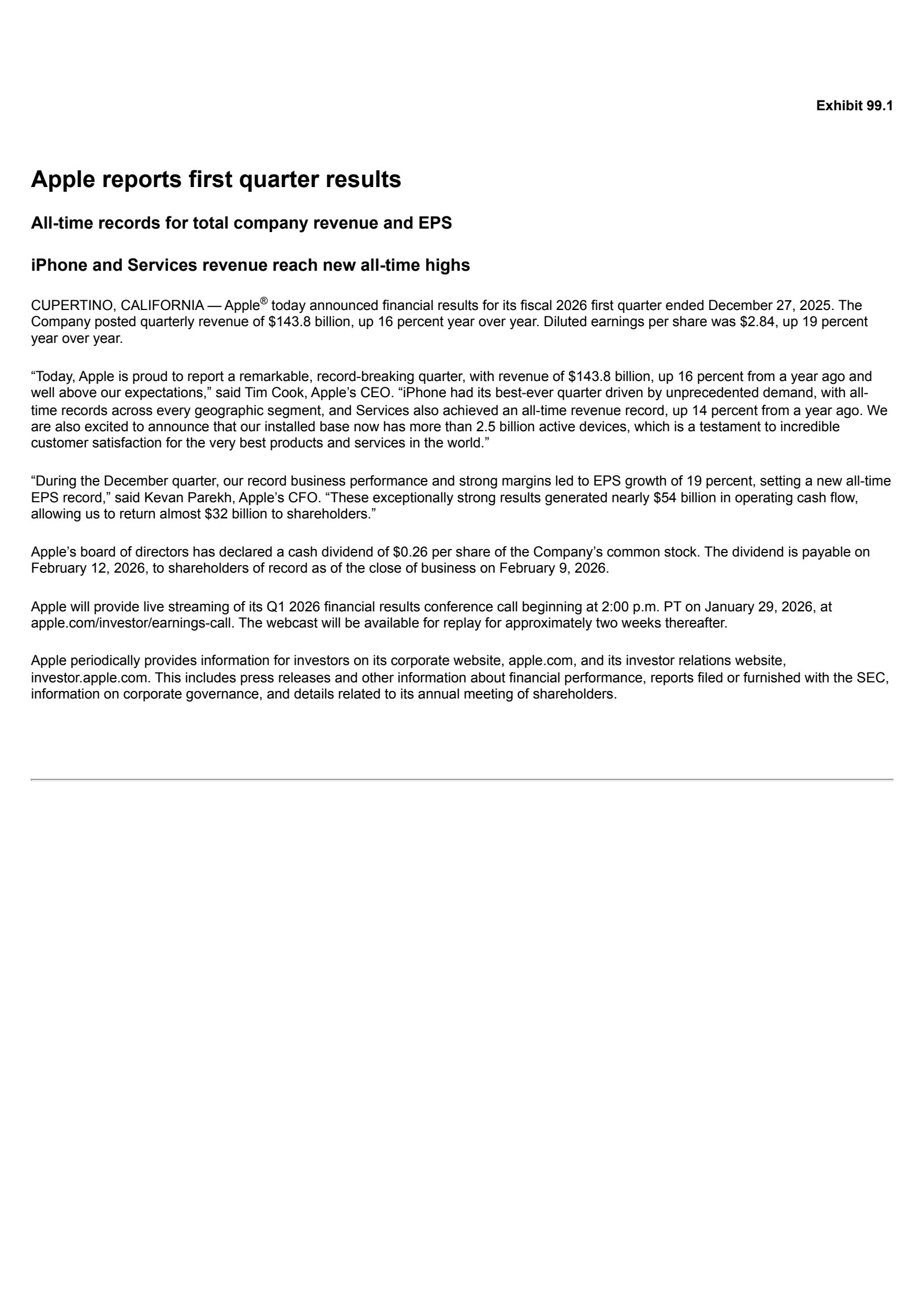 Apple's Q1 2026 Press Release