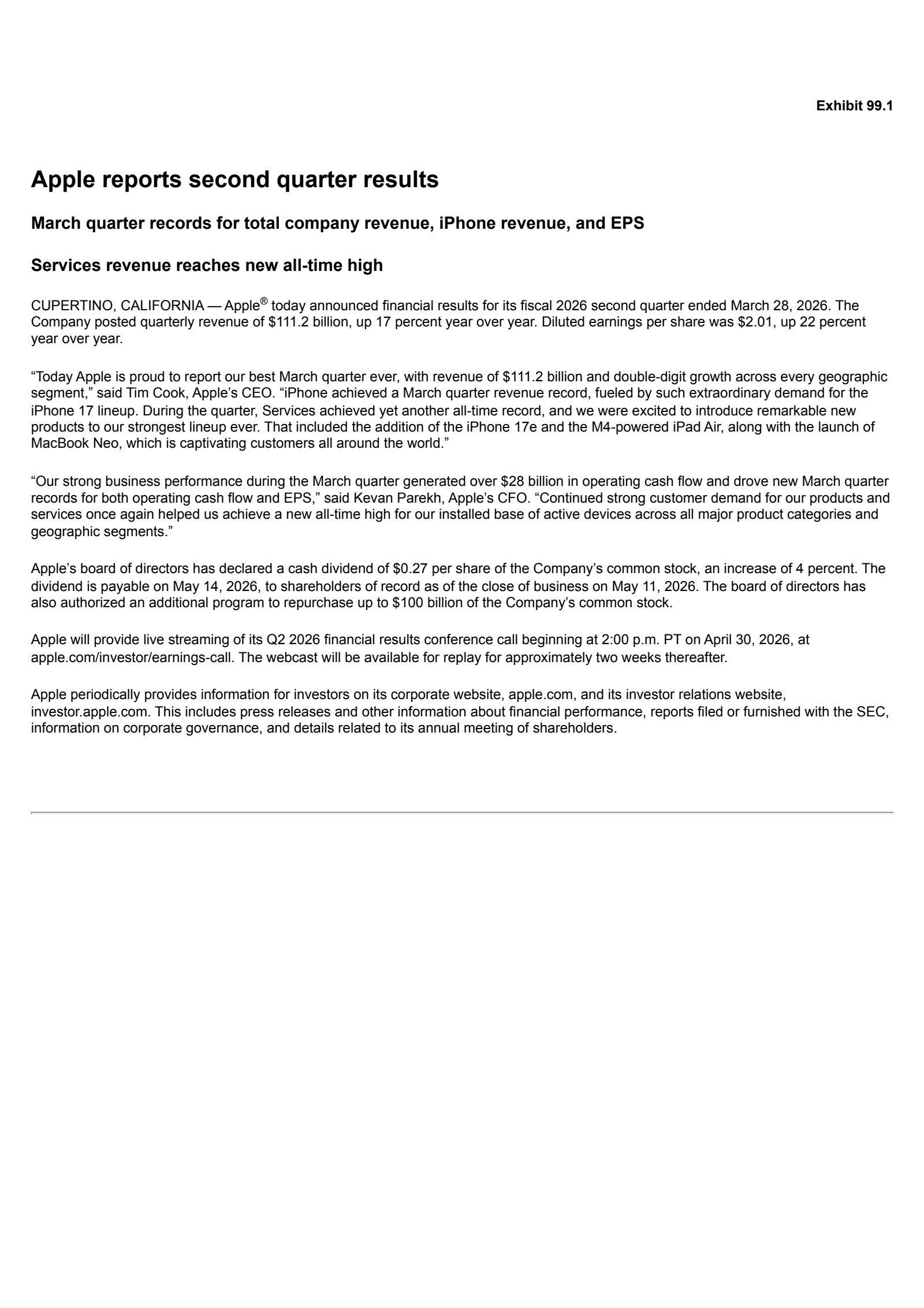 Apple's Q2 2026 Press Release