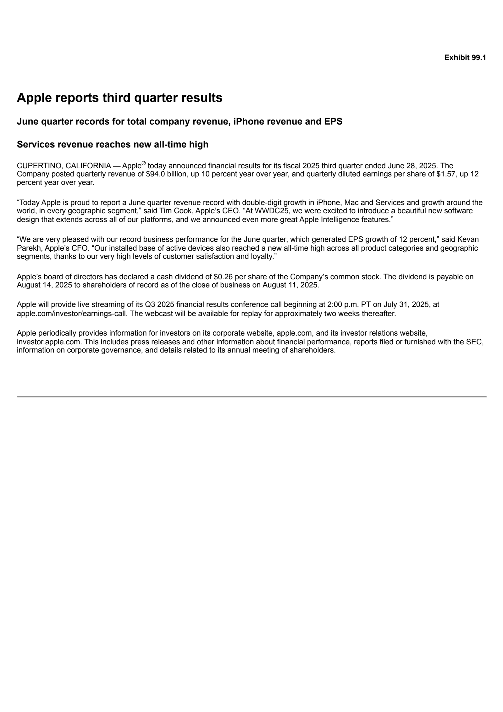 Apple's Q3 2025 Press Release