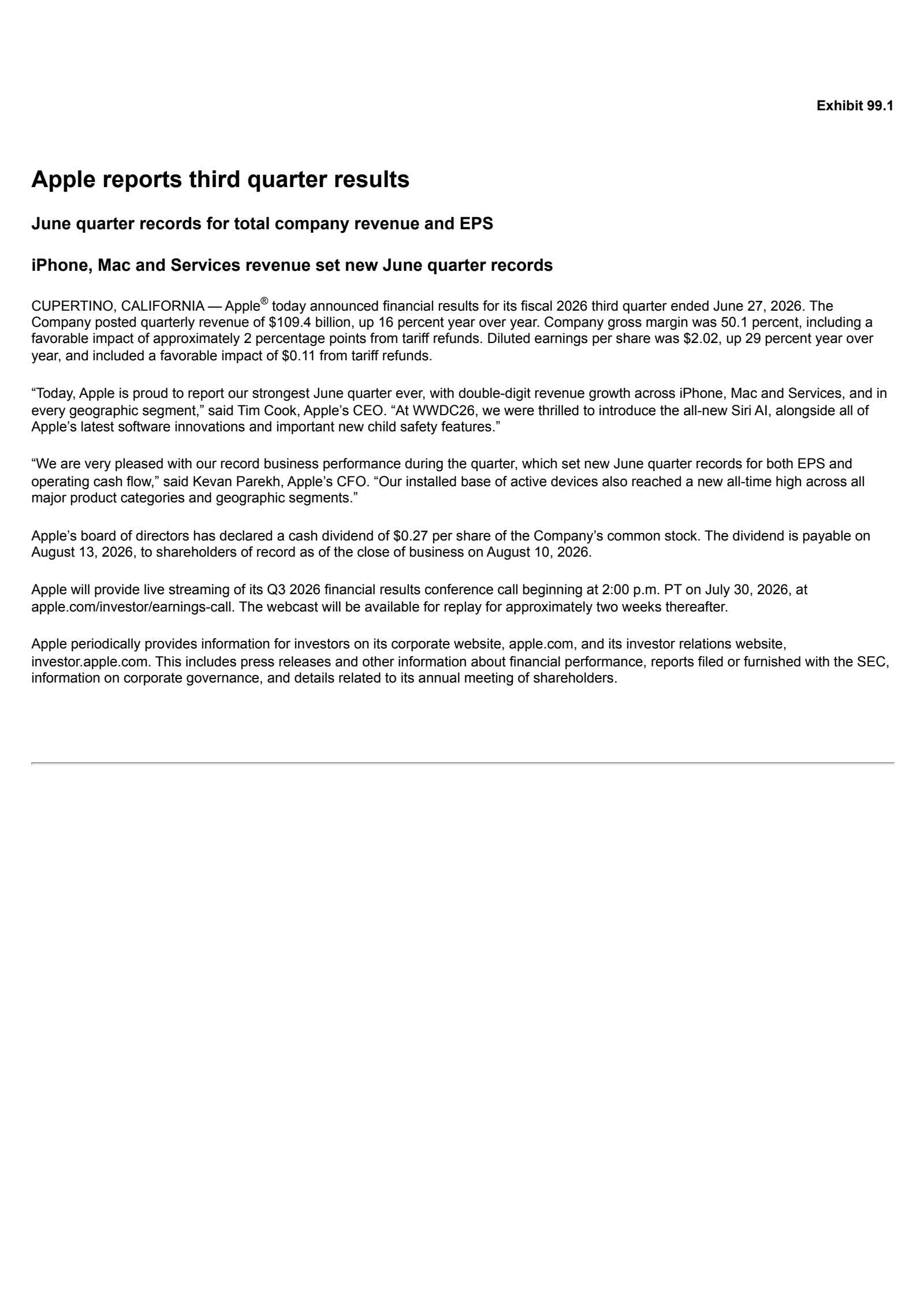Apple's Q3 2026 Press Release