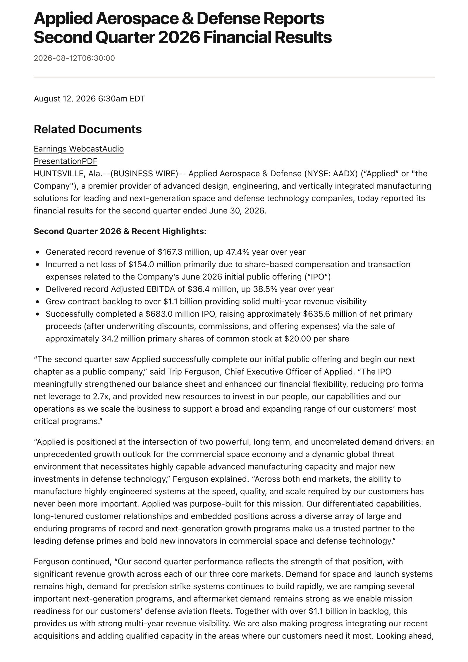 Applied Aerospace & Defense's Q2 2026 Press Release